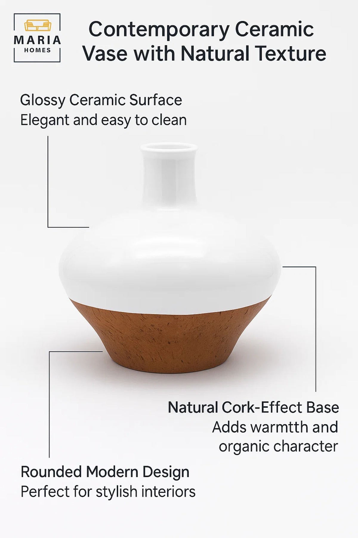 White and Cork Finish Ceramic Vase – Wide Round Decorative Flower Pot