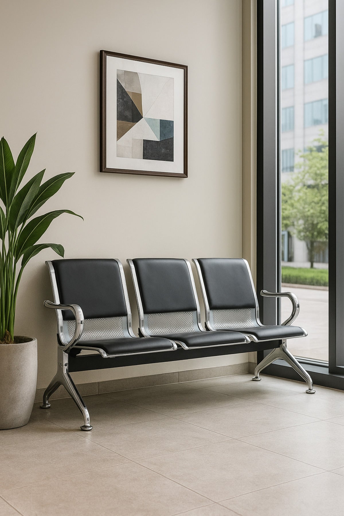 Silver 3Seater Waiting Chair Metal Frame Bench with Cushions 175_60_76 cm for Hospital & Reception