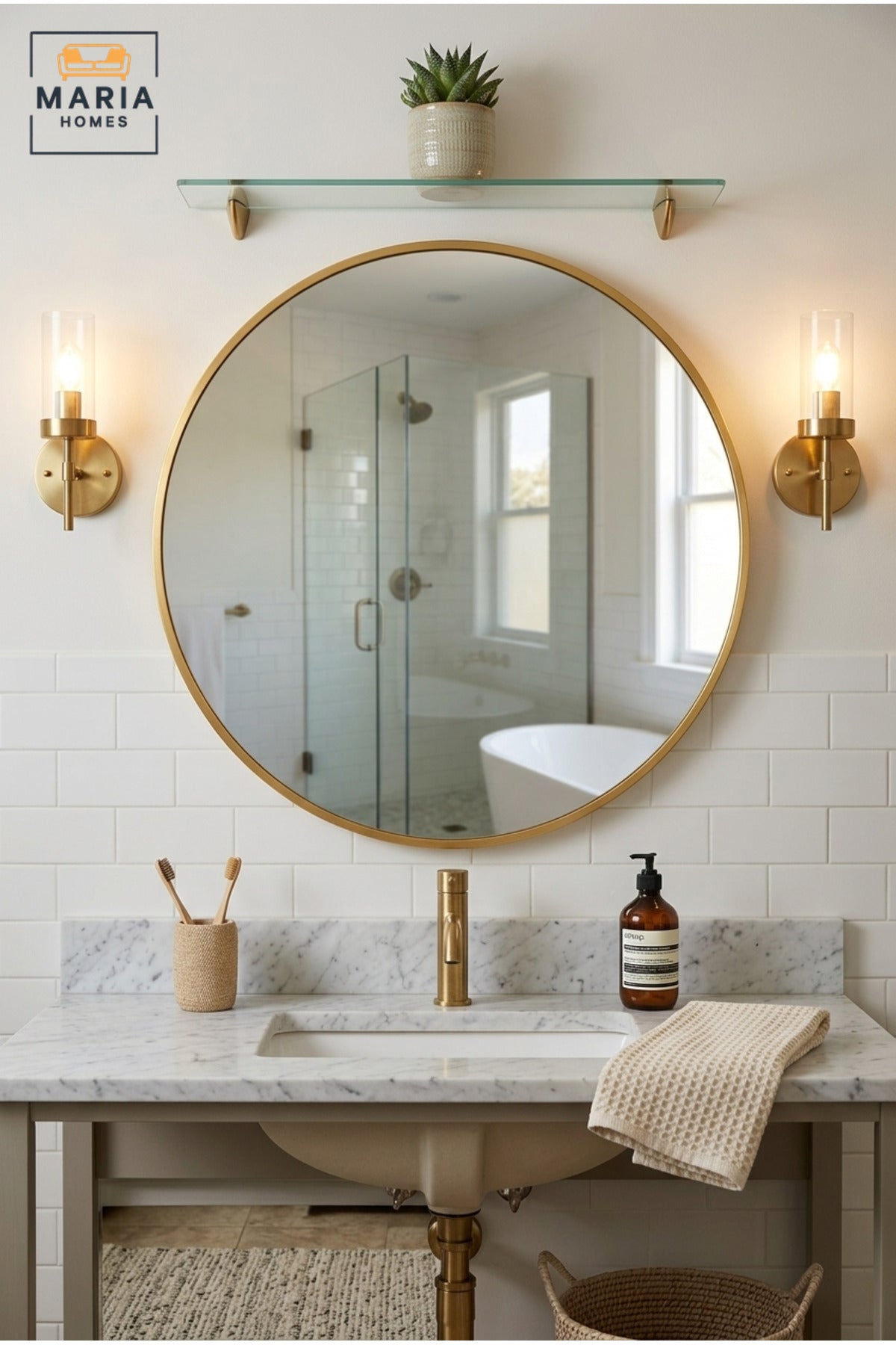 Round Framed Wall Mirror 60 cm with Slim Decorative Border, Modern Circular Mirror for Bathroom, Bedroom, Vanity, Hallway, Living Room and Entryway