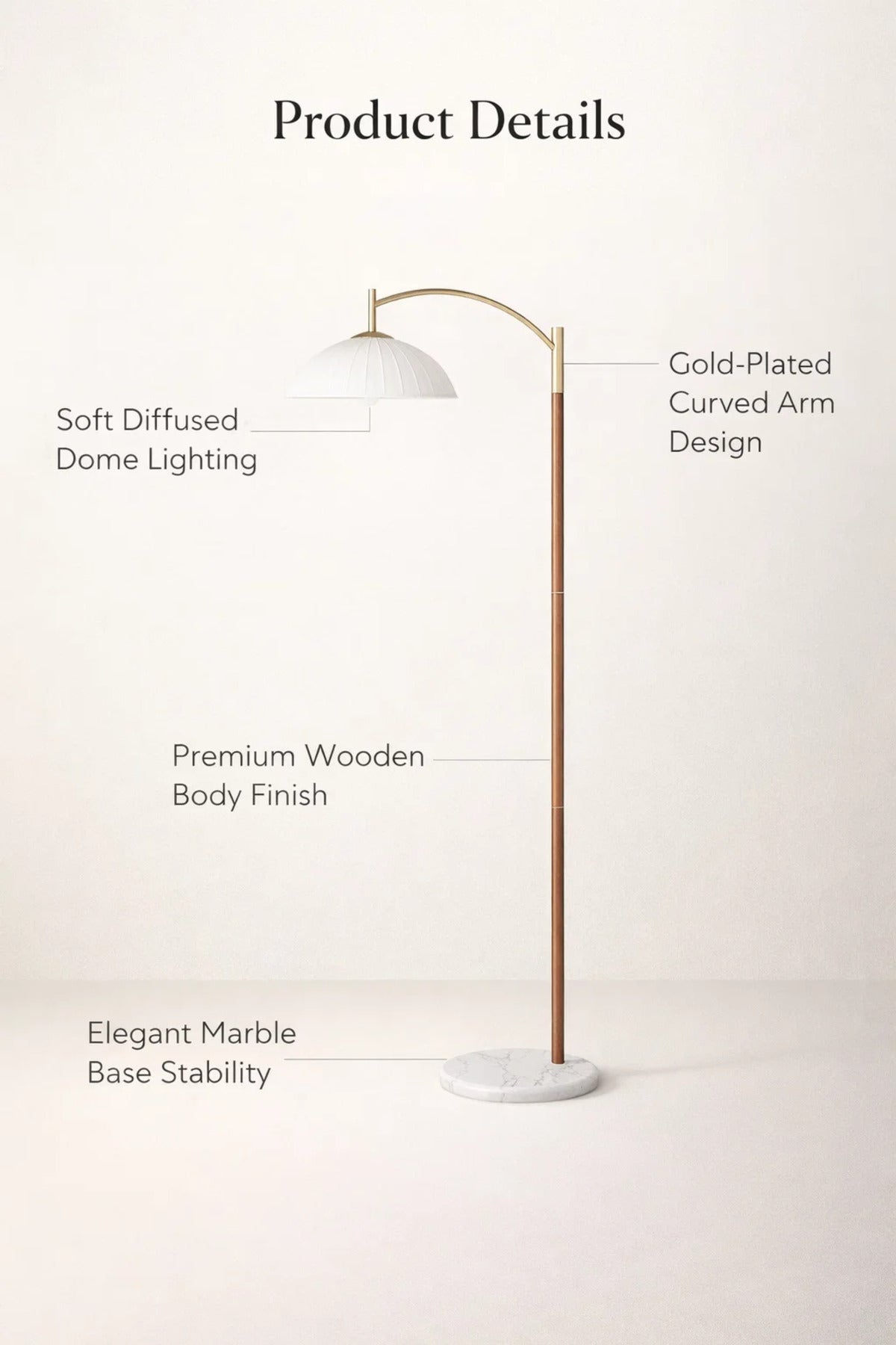Modern Arc Floor Lamp with Marble Base and Wooden Stand for Living Room
