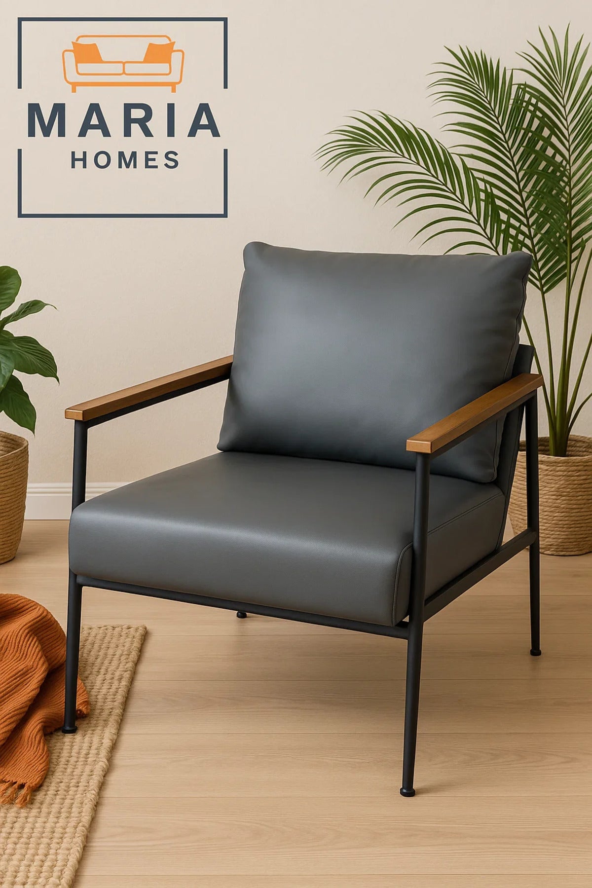 Dark Grey Faux Leather Armchair Ð Modern Accent Chair with Wood Armrests and Black Steel Frame