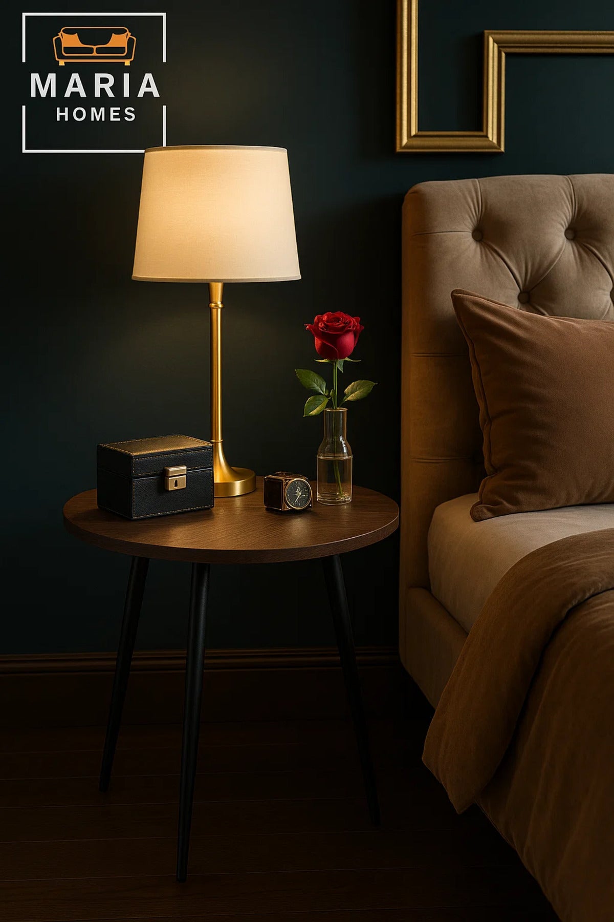 Round Dark Wood Side Table with Slim Black Metal Legs
