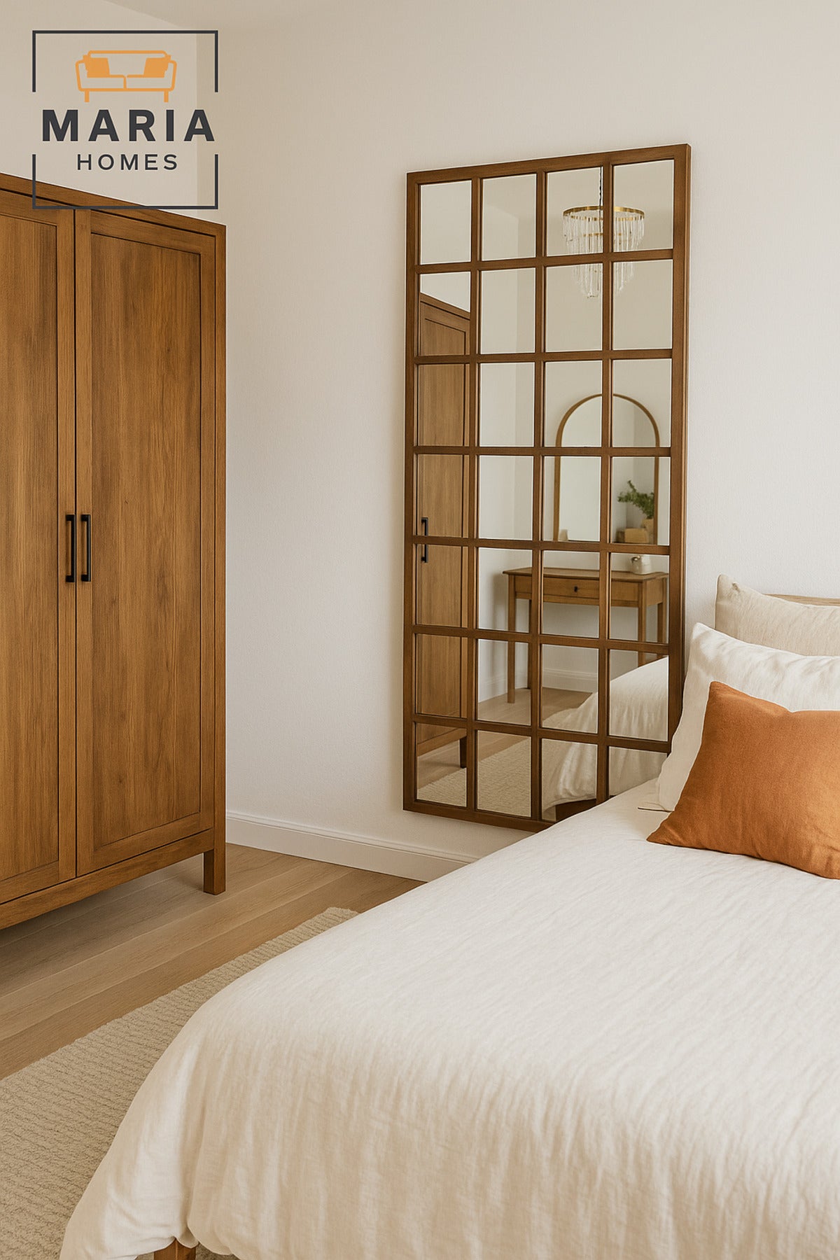 Natural Wooden Frame Wall Mirror with Grid Design Ð Decorative Full-Length Mirror (180_80 cm)
