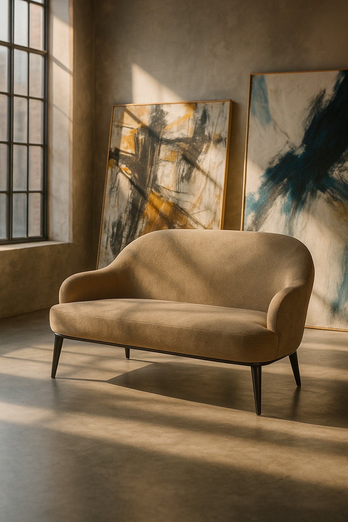 Modern Coffee Two-Seater Sofa Ð Elegant Fabric Couch with Curved Backrest & Tapered Legs