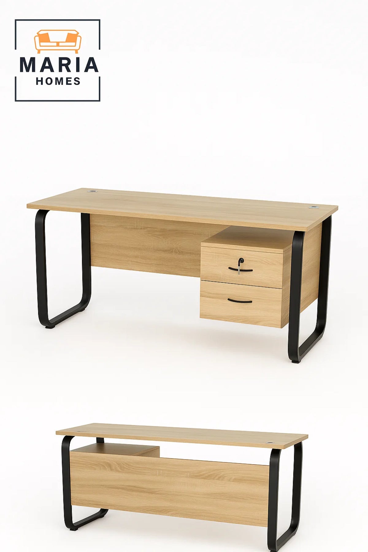 Light Wood Office Desk with Metal Frame and Lockable Drawer Cabinet-size 60*140