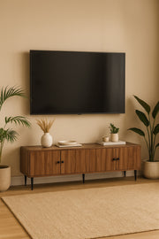 Walnut Wooden TV Stand 180_40_54 cm Ð Modern 4-Door TV Unit with Black Metal Legs for Living Room