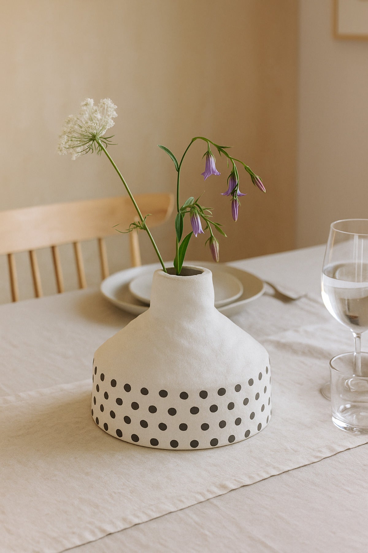 Natural White Ceramic Vase with Black Dots Ð Wide Cone Decorative Vase