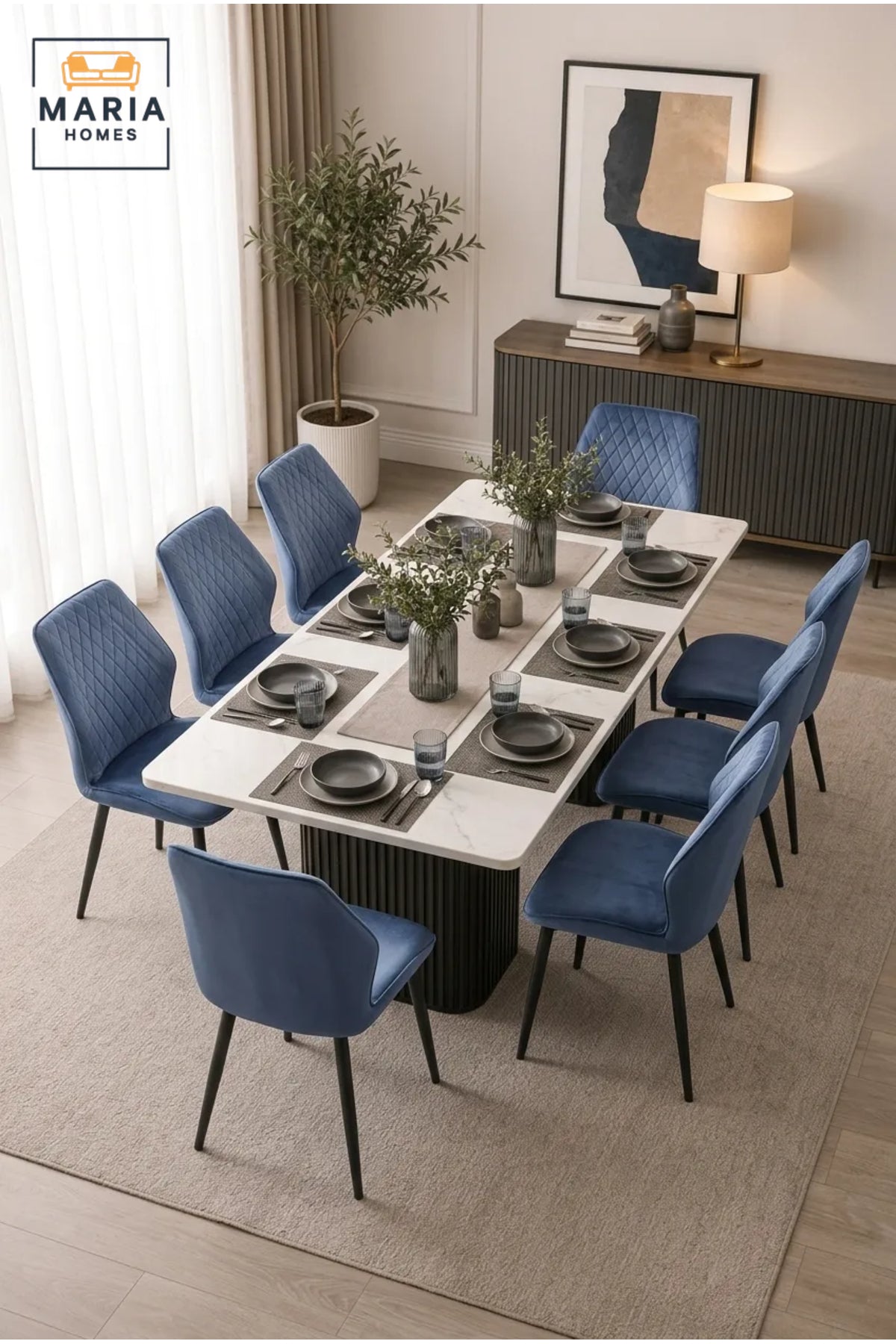 Blue Velvet Dining Chair with Diamond Quilted Backrest √ê Modern Upholstered Dining Chair with Black Metal Legs for Dining Room, Kitchen & Caf≈Ω