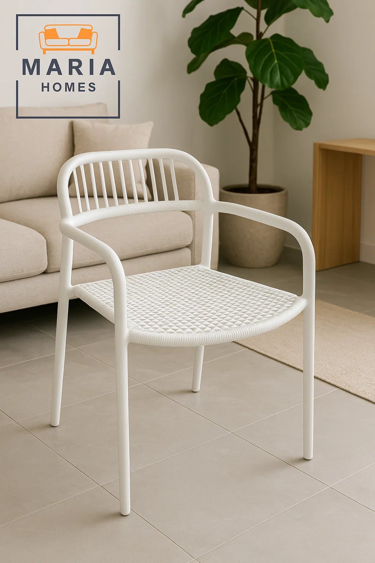 White Woven-Seat Plastic Chair with Armrest Ð Lightweight Indoor Outdoor Modern Patio Dining Chair