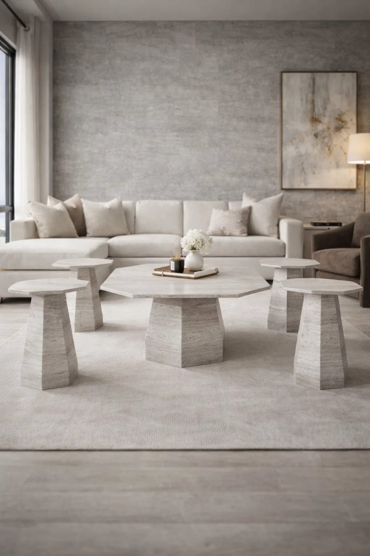 Light Wood Marble Tea Table Set 1+4 Center 85_85_45 CM with 4 Side Tables 45_45_55