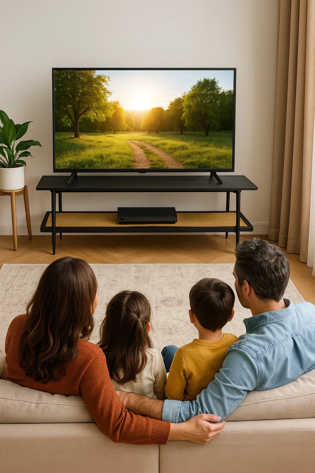 Contemporary Black TV Stand with Rattan Shelf Ð 160x40x50 cm Two-Tier Media Console