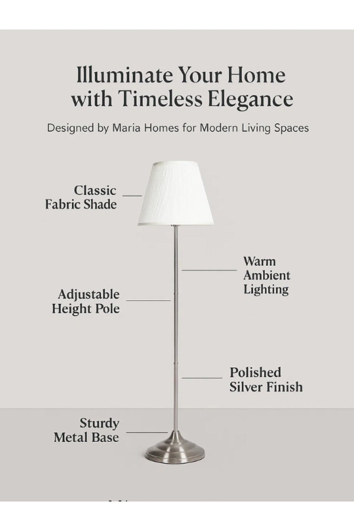 Modern Silver Floor Lamp Ð Fixed Metal Stand with White Fabric Shade for Living Room & Bedroom