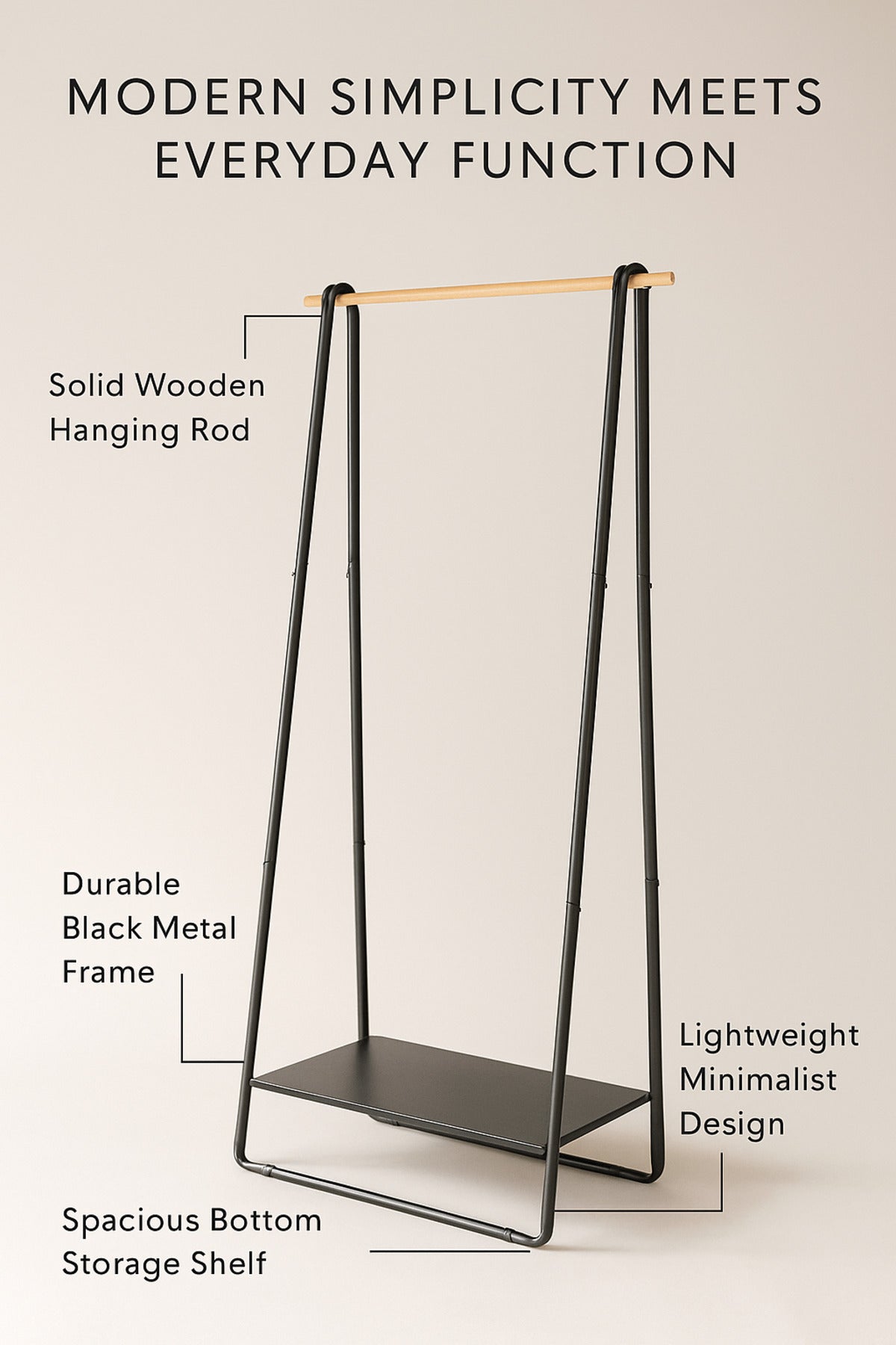 Minimalist Metal Clothes Rack with Wooden Hanging Rod and Storage Shelf Ð Black