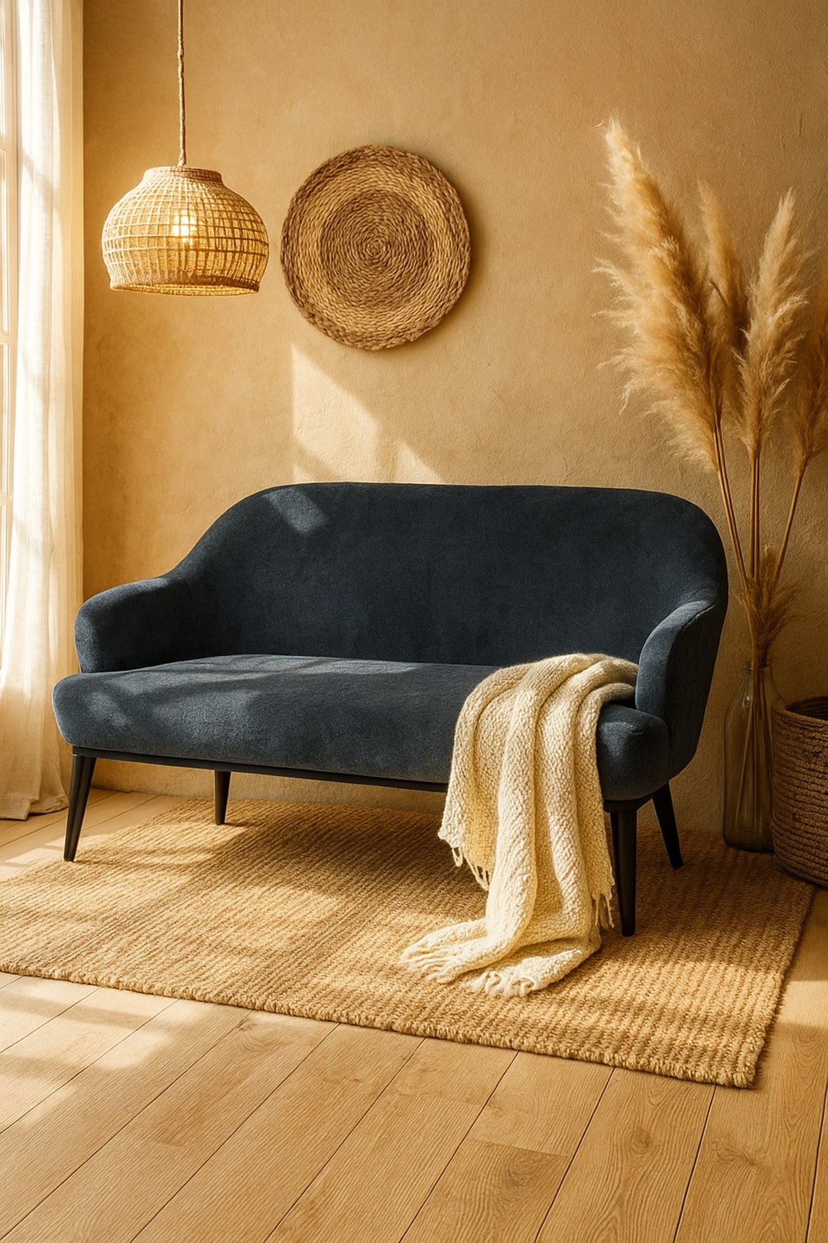 Modern Blue Two-Seater Sofa Ð Elegant Fabric Couch with Minimalist Design & Tapered Legs