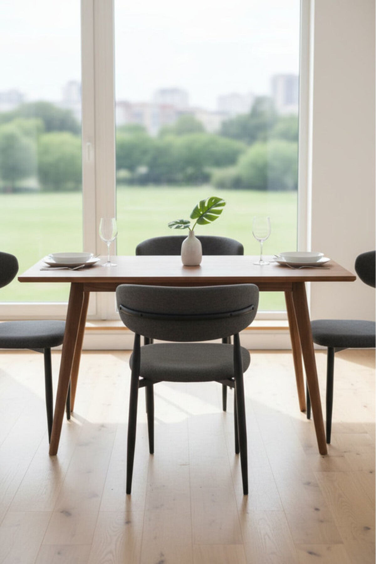 Modern Grey Fabric Dining Chair with Curved Backrest & Solid Wood Legs