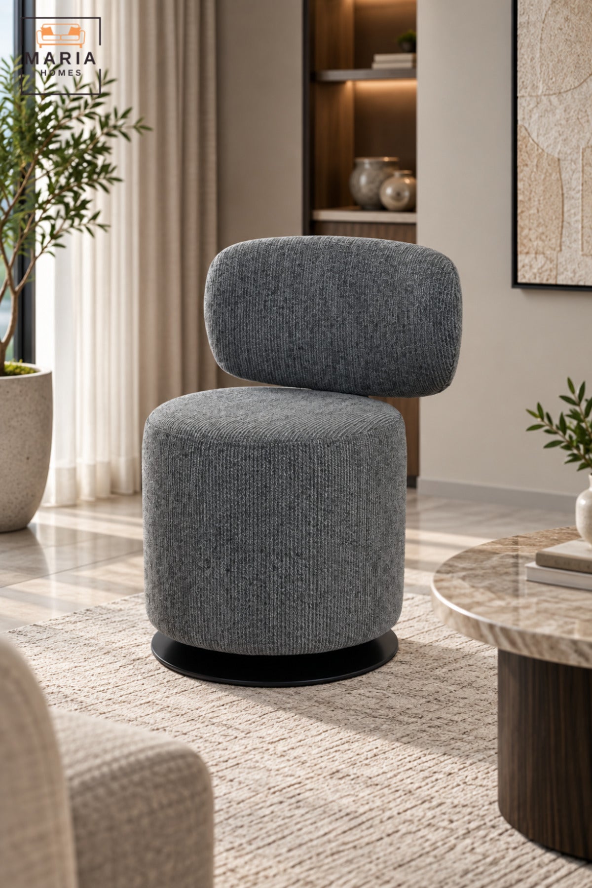 Modern 360° Swivel Arm Chair | Dark Grey Fabric Upholstered Accent Chair with Padded Seat, Curved Backrest & Black Round Base for Living Room