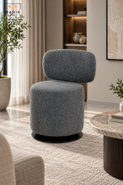 Modern 360° Swivel Arm Chair | Dark Grey Fabric Upholstered Accent Chair with Padded Seat, Curved Backrest & Black Round Base for Living Room