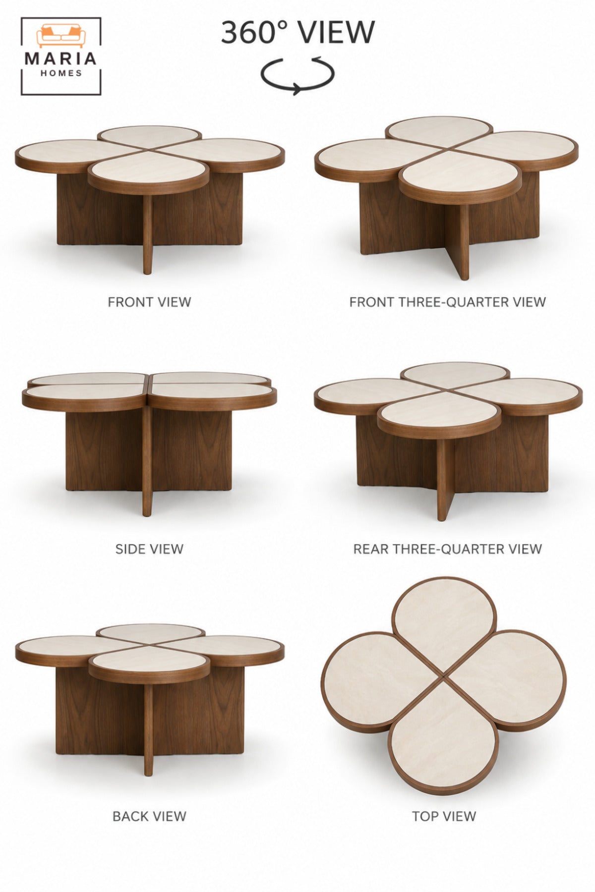 Modern Flower-Shaped Coffee Table with 4 Round Petal Tops, Wood Finish Base and Contemporary Design for Living Room & Lounge – 95.5 × 42 CM