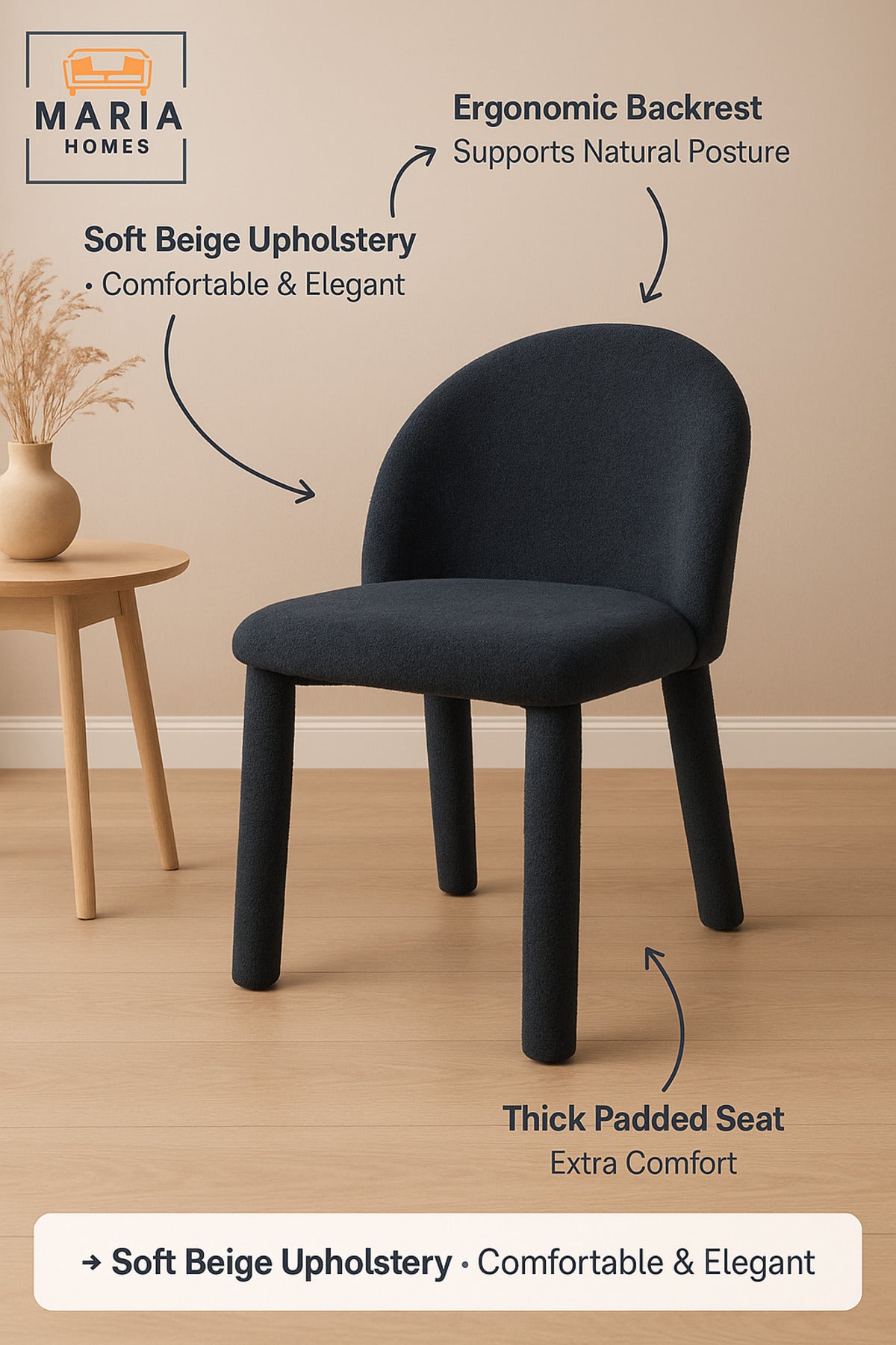 Dark Blue Upholstered Dining Chair Ð Modern Fabric Seat with Full Padded Legs