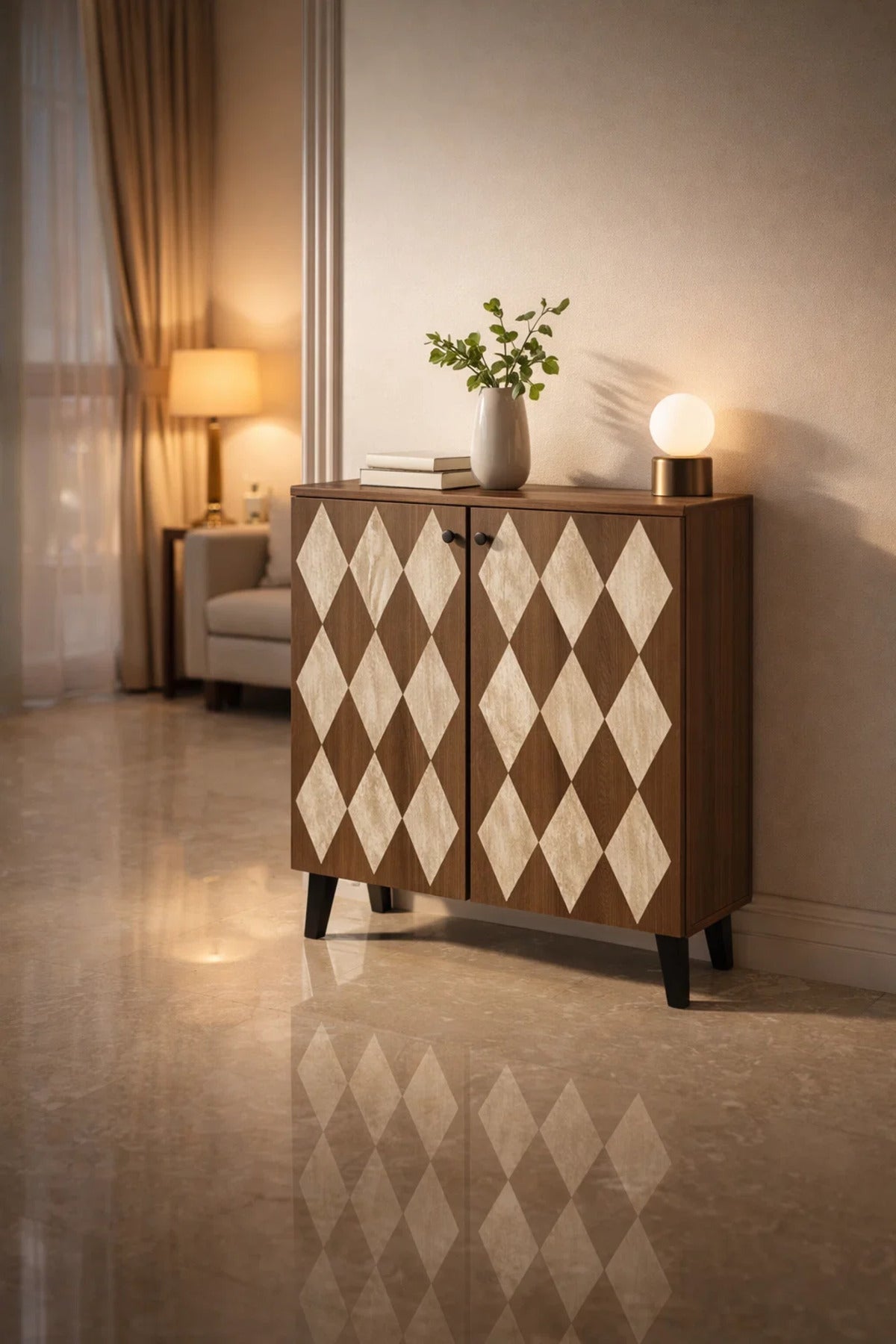 Dark Brown Shoe Cabinet with Geometric Pattern Doors 80 x 32 x 93 cm