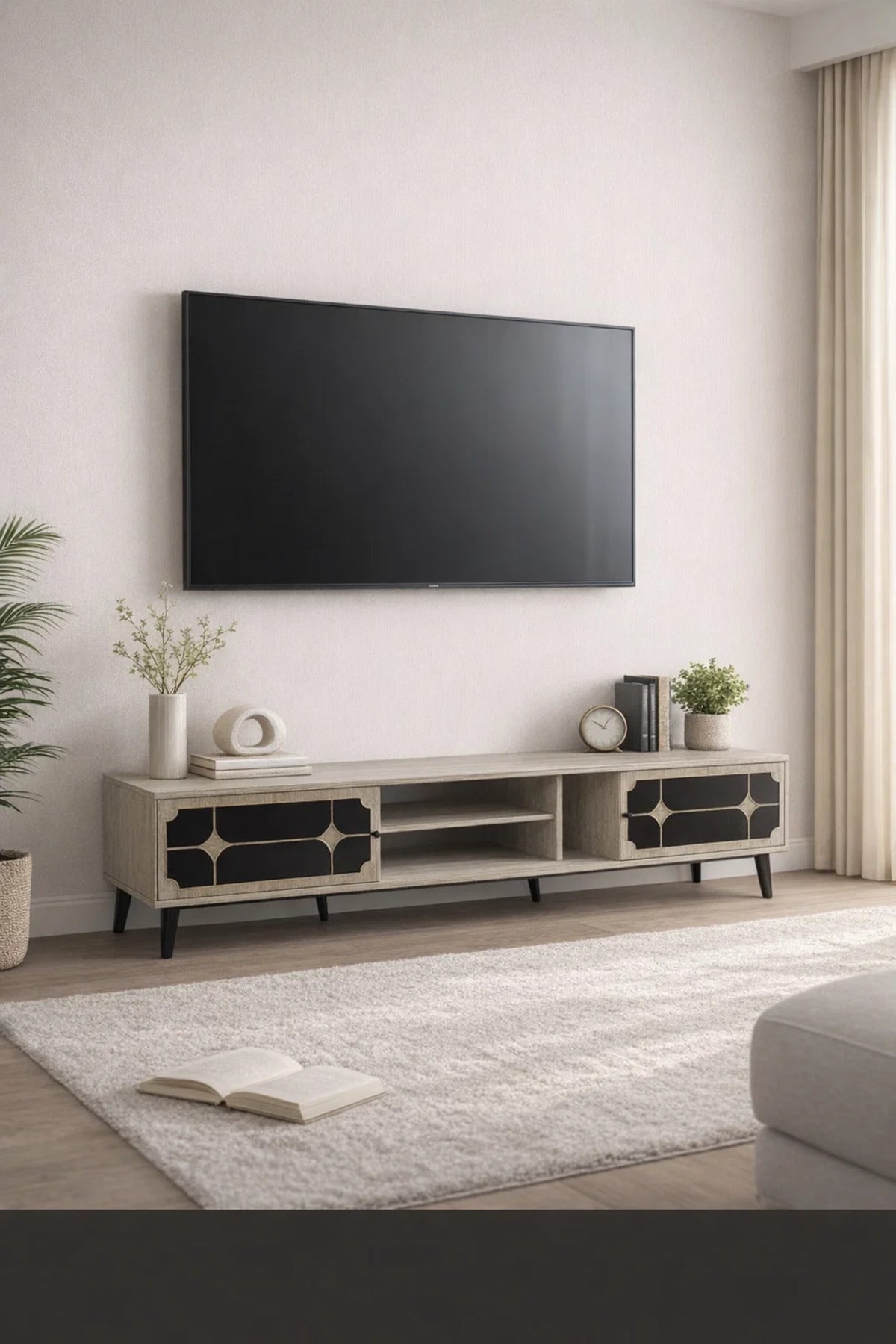 Stylish Beige TV Stand Console 200cm with Black Decorative Doors for Modern Home Living Room