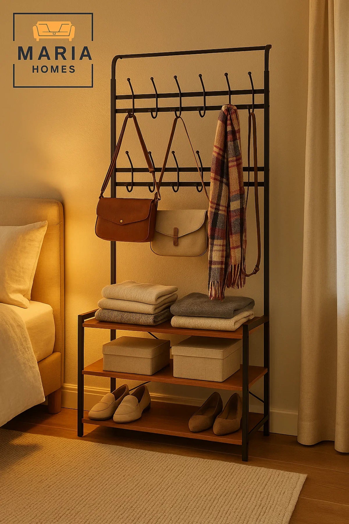 Multi-Tier Metal Coat Rack with Hooks and Wooden Shoe Shelves