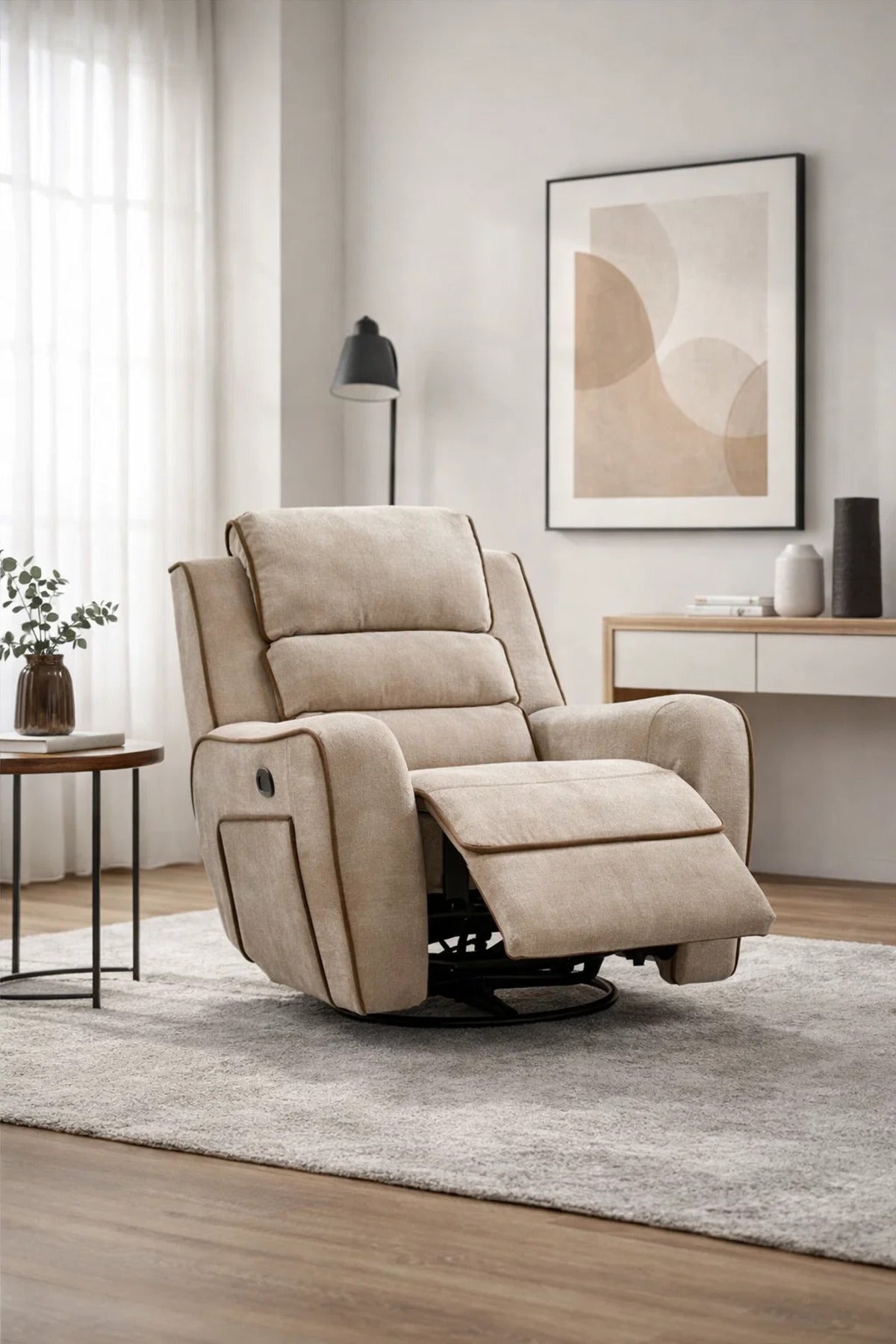 Premium Light Brown Fabric Swivel Rocker Recliner Chair with Contrast Piping for Living Room