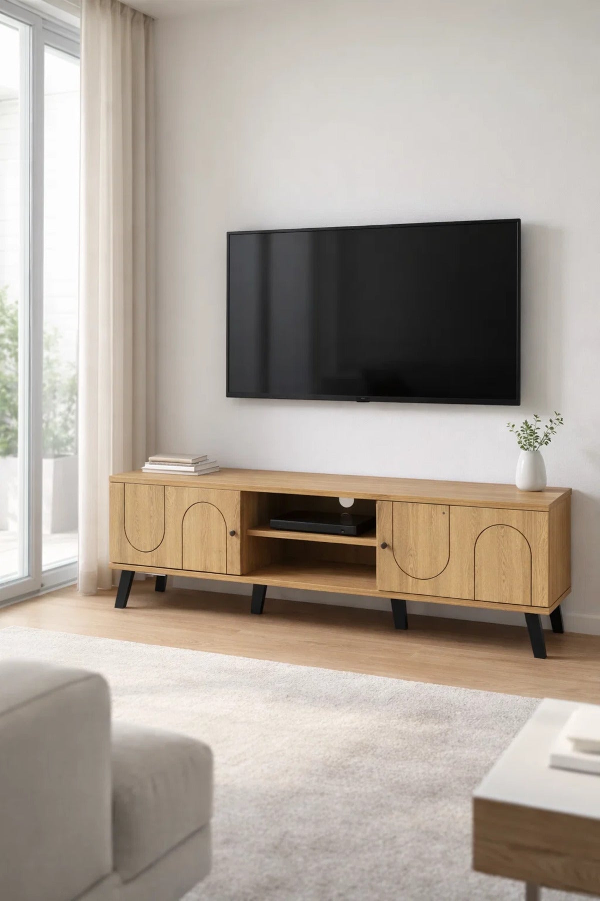 Modern Wooden TV Stand Light Brown with Curved Line Design 160 x 40 x 44 cm