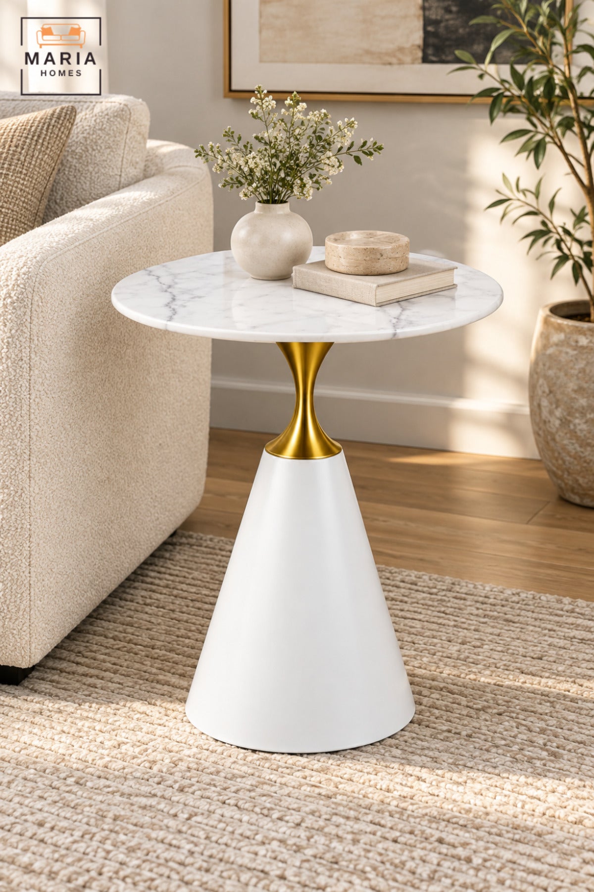Modern Round Side Table with White Marble-Effect Top, White Cone Pedestal Base and Gold Accent for Living Room & Bedroom – 60 × 67.5 CM