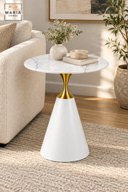 Modern Round Side Table with White Marble-Effect Top, White Cone Pedestal Base and Gold Accent for Living Room & Bedroom – 60 × 67.5 CM