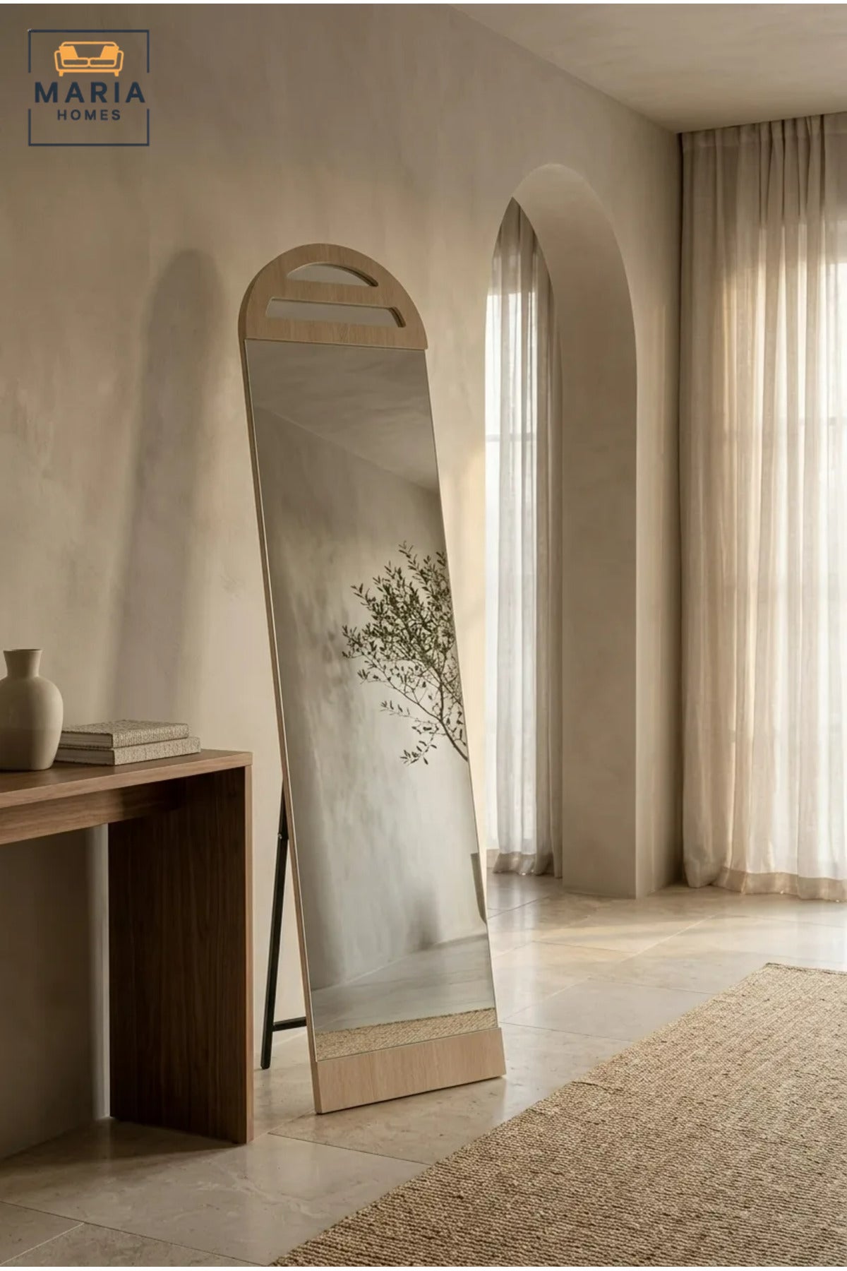 Modern Full Length Floor Mirror with Arched Wooden Frame and Freestanding Support, Dressing Mirror for Bedroom, Entryway, Wardrobe, Salon and Boutique