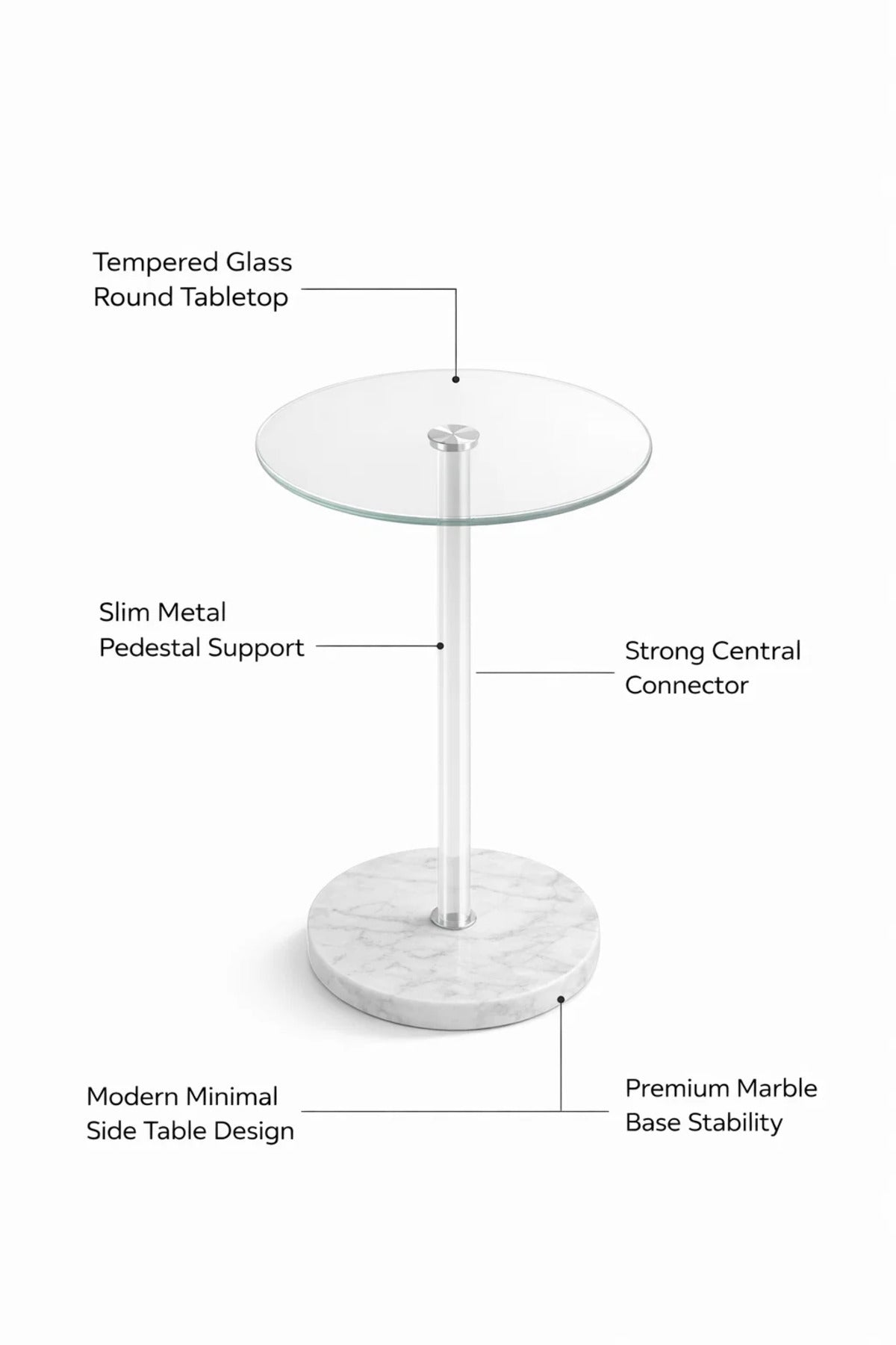 Round Glass Side Table with White Marble Base 35_35_55 cm Modern Accent round glass