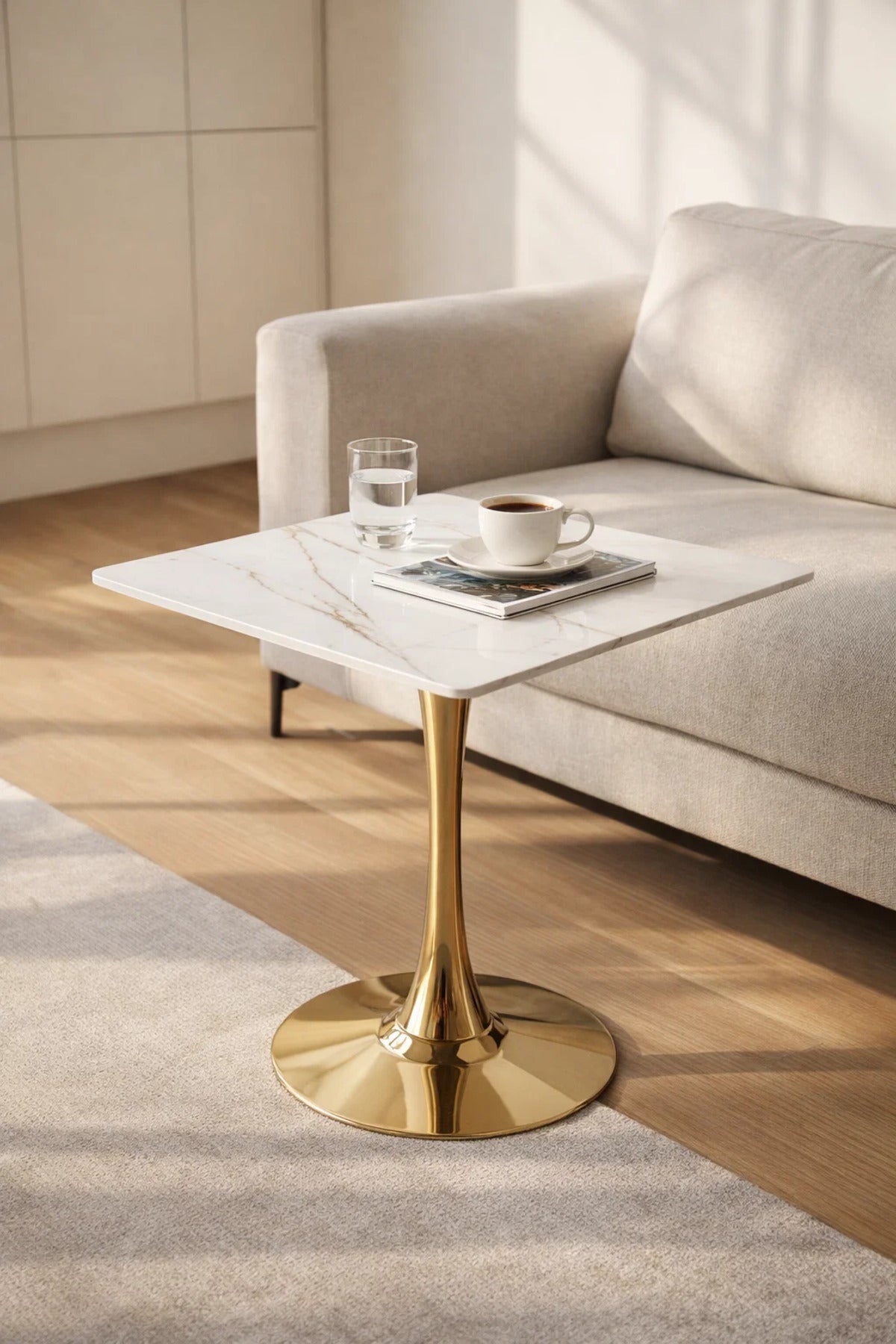 Square White Marble Style Caf≈Ω Table with Gold Base 70 _ 70 _ 75 cm