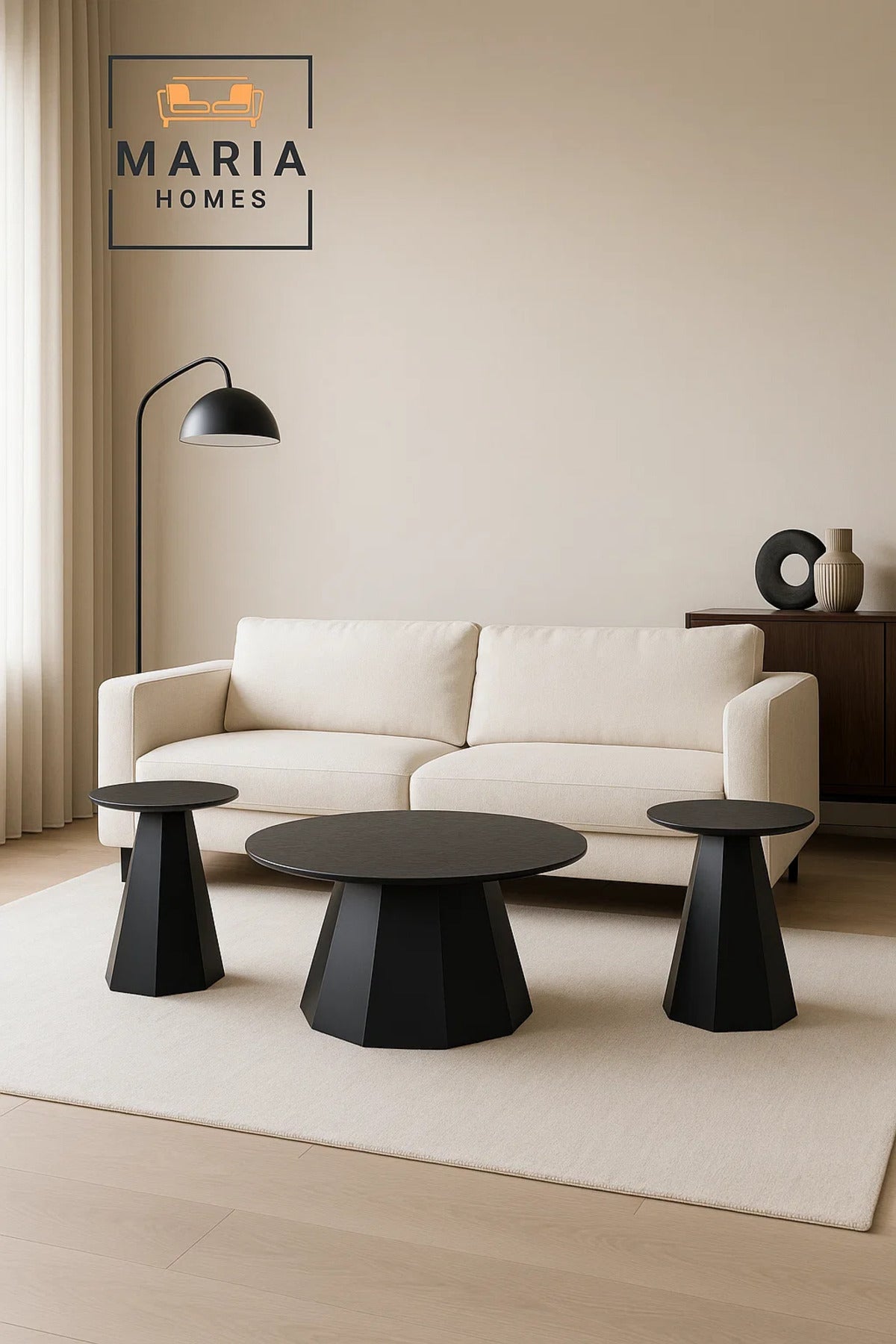 3-Piece Modern Black Cone Base Coffee Table Set