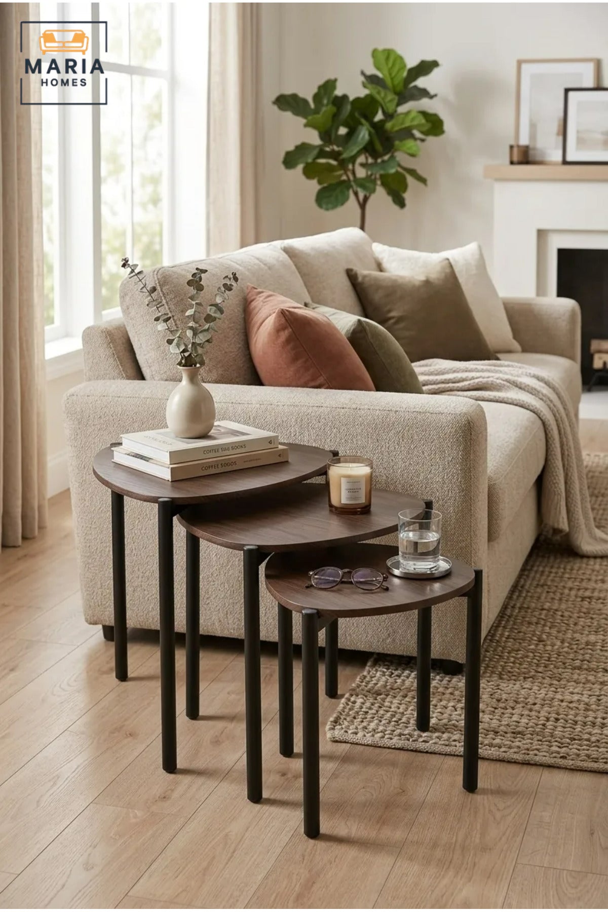 Set of 3 Nesting Coffee Tables with Wooden Tops and Slim Metal Legs, Space-Saving Side Tables for Living Room, Bedroom, Lounge and Office