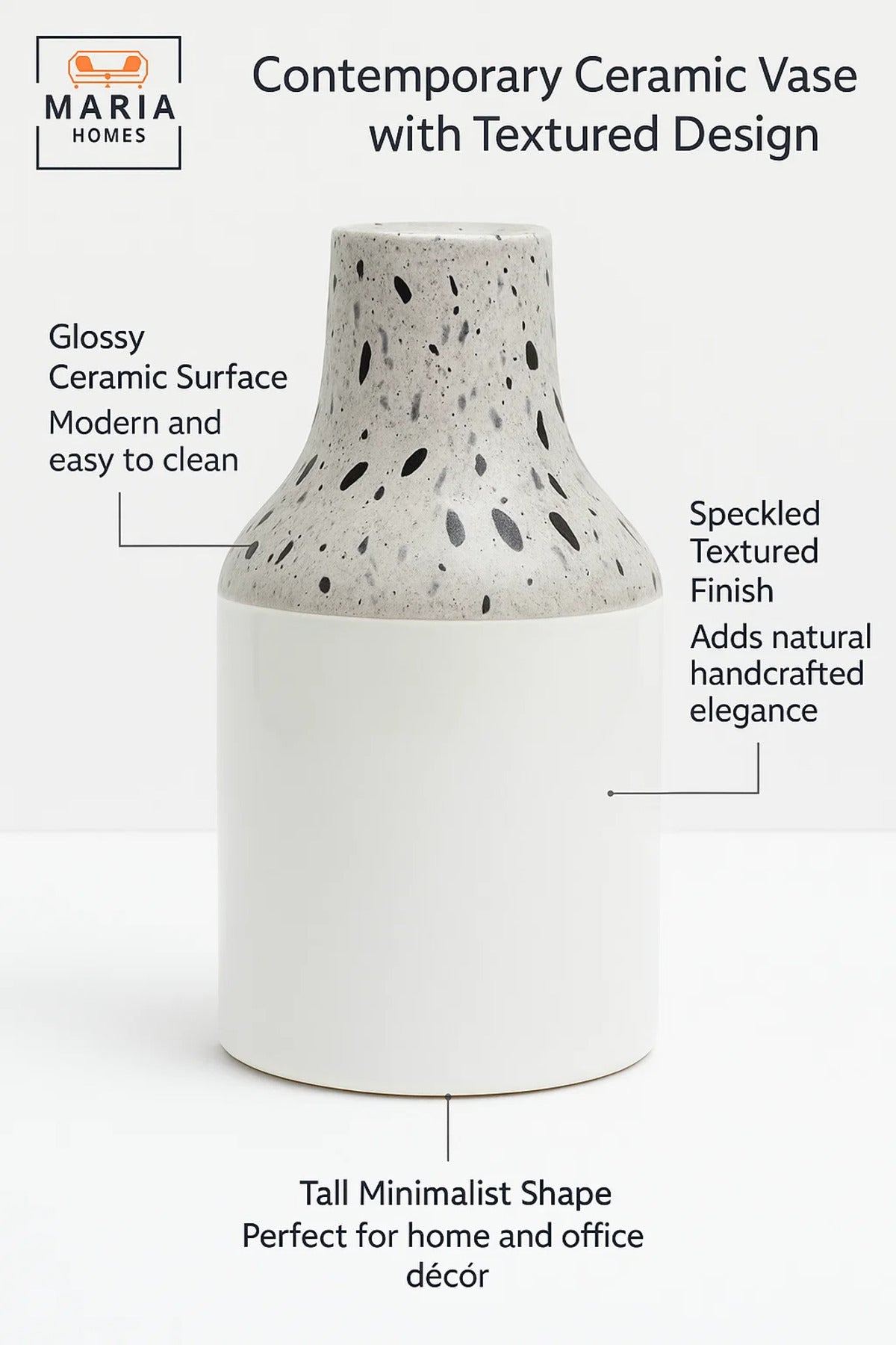 White Ceramic Vase with Terrazzo Speckled Neck – Modern Glossy Decorative Flower Pot