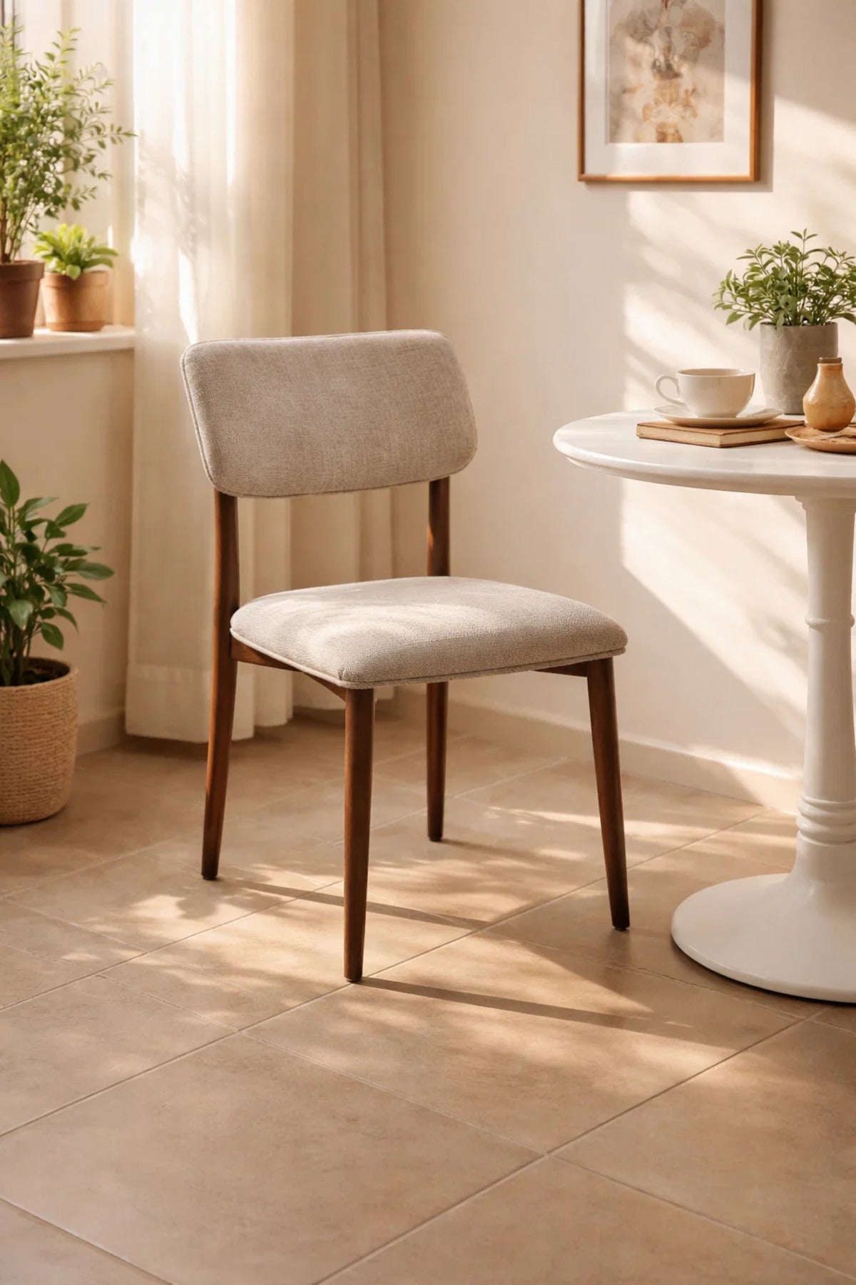 Stylish Beige Upholstered Dining Chair with Sturdy Metal Legs for Modern Kitchen Interiors
