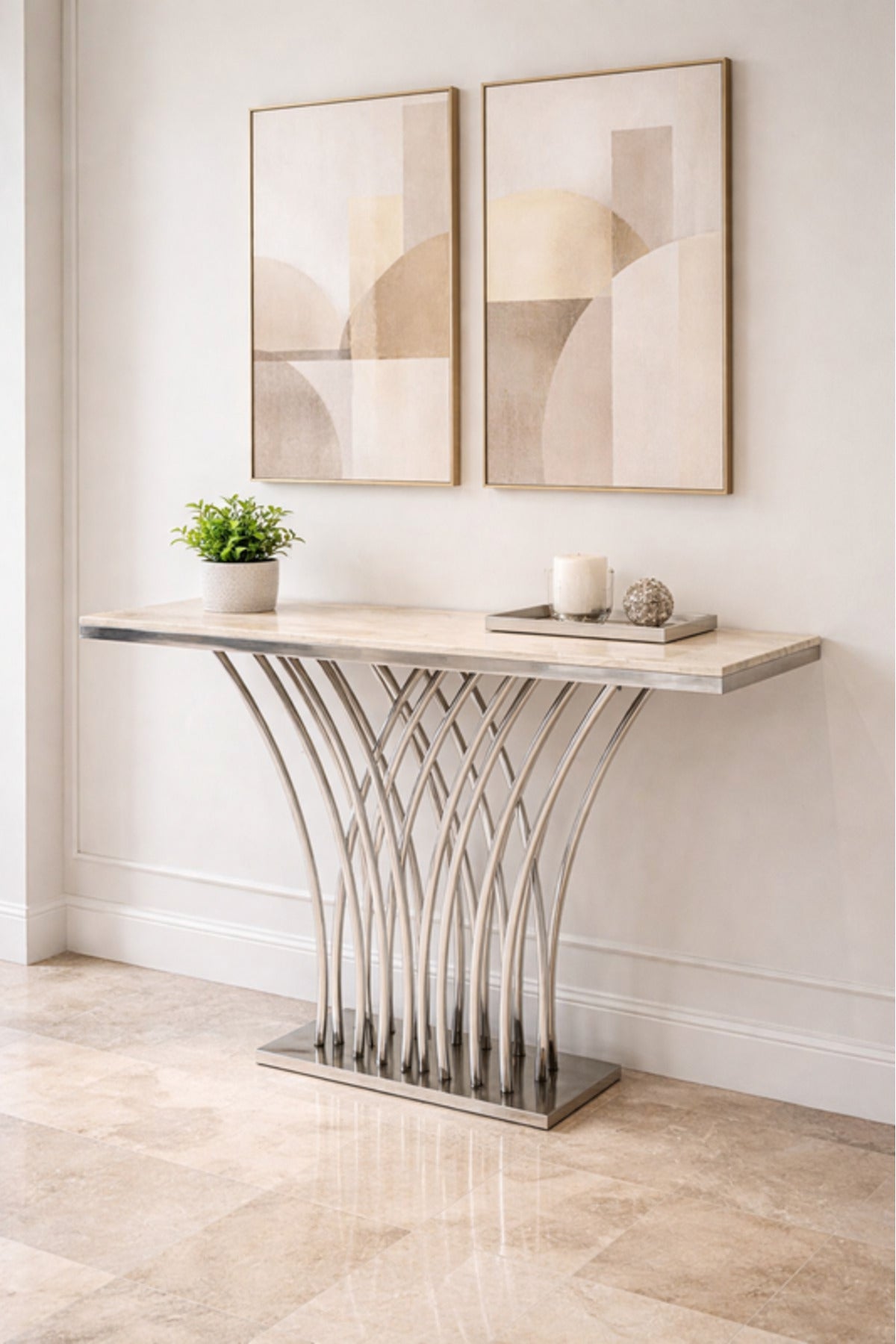 Modern Marble Top Console Table with Silver Metal Base 140 _ 40 cm