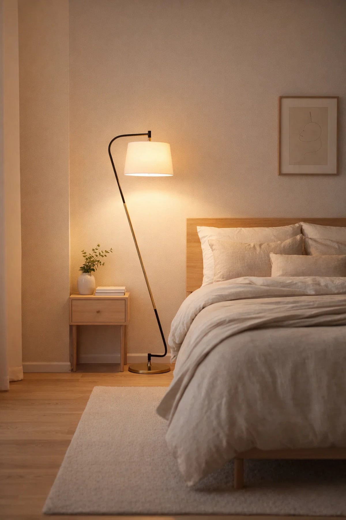 Modern Tilted Floor Lamp with Fabric Shade and Metal Base for Living Room