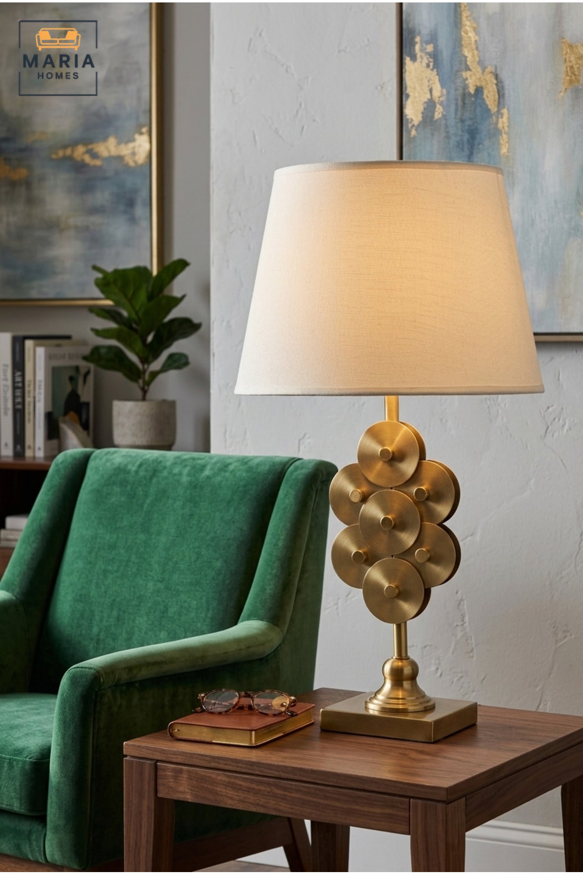 Luxury Decorative Disc Table Lamp with White Fabric Shade, Antique Gold Tone Sculptural Base for Bedroom, Living Room, Office, Hotel and Bedside Décor