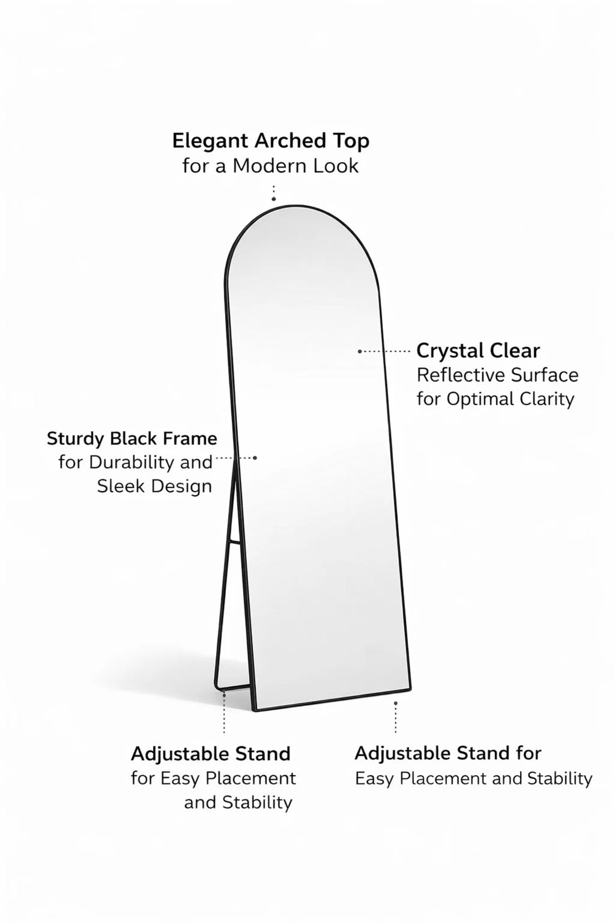 Furniture Black Arched Floor Mirror 160x50cm Modern Full Length Standing Mirror for Home