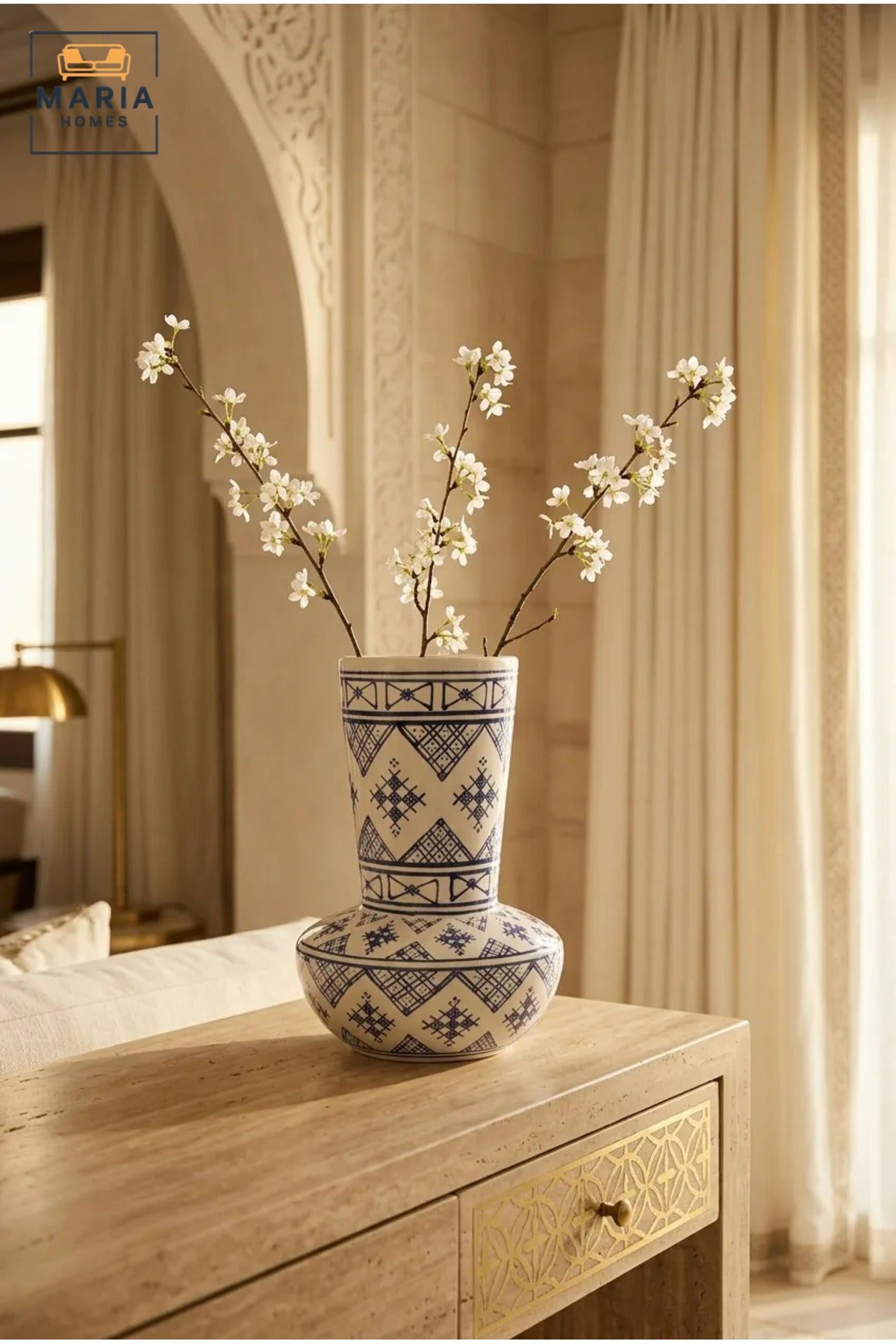 Blue and White Patterned Decorative Vase, Modern Ceramic Flower Holder with Rounded Base for Living Room, Bedroom, Office, Shelf and Table Décor