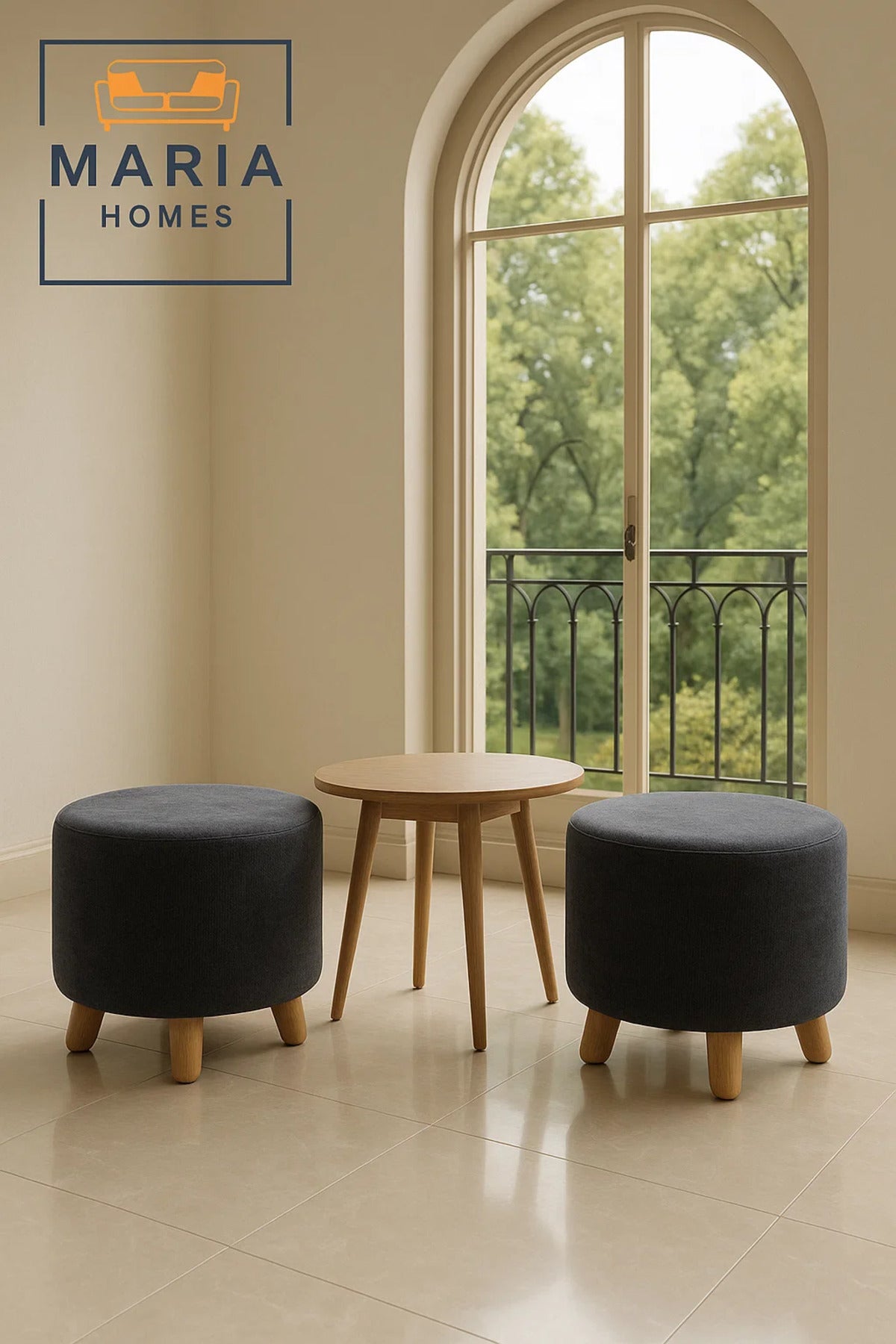 Round Dark Gray Velvet Ottoman Stool Ð Modern Footrest with Wooden Legs for Living Room & Bedroom