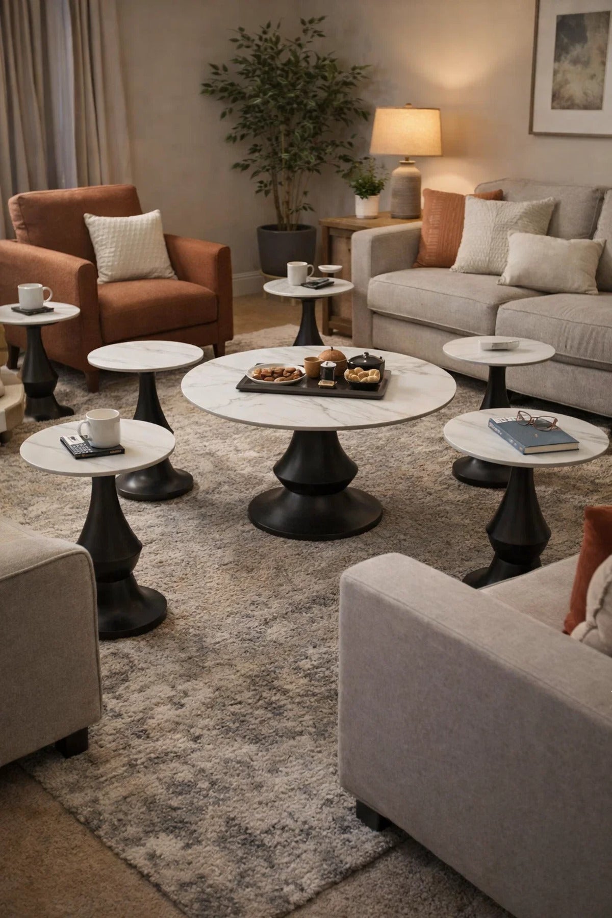 Premium 1+6 Console Table Set Ceramic Top Wood Base Round Center and Side Tables Living Room