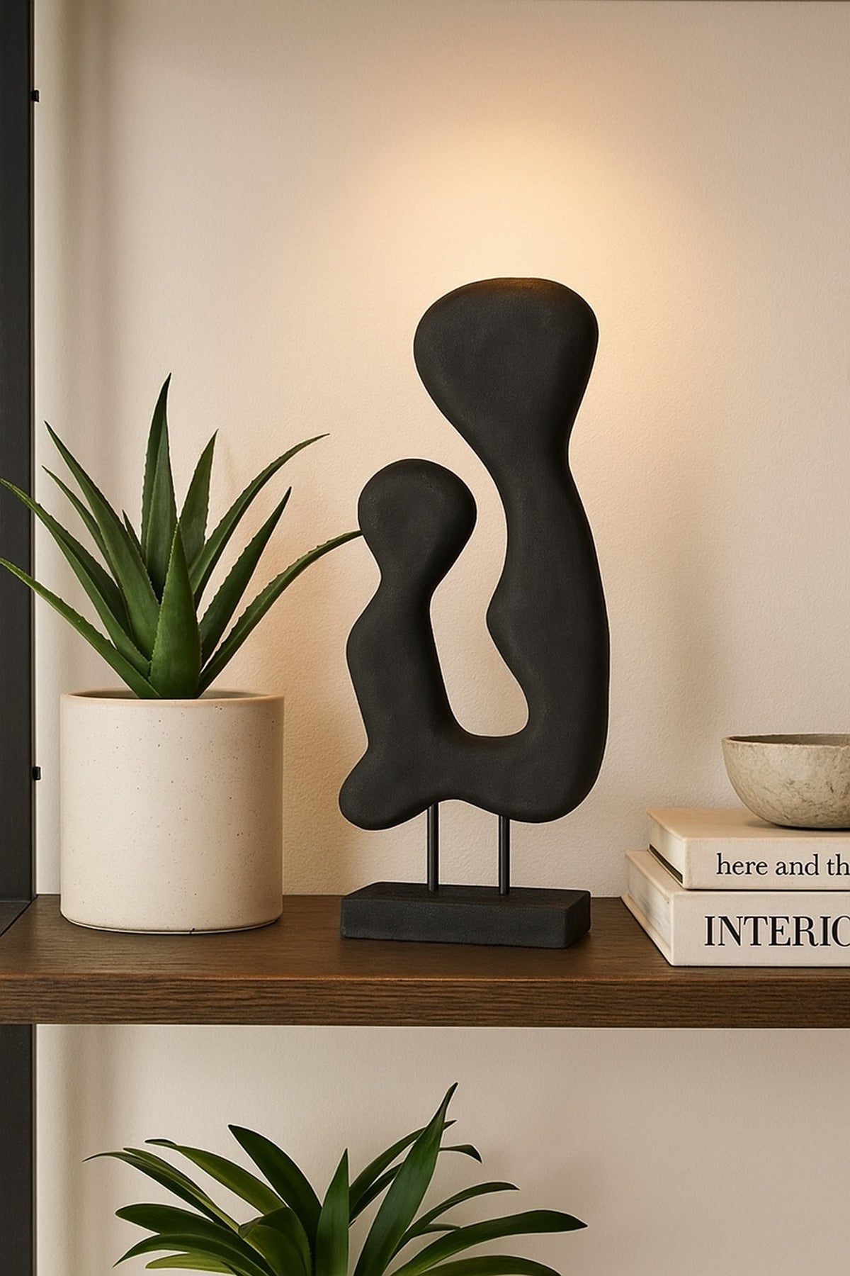 Black Wooden Abstract Freeform Sculpture on Stand Ð Modern Decorative Accent