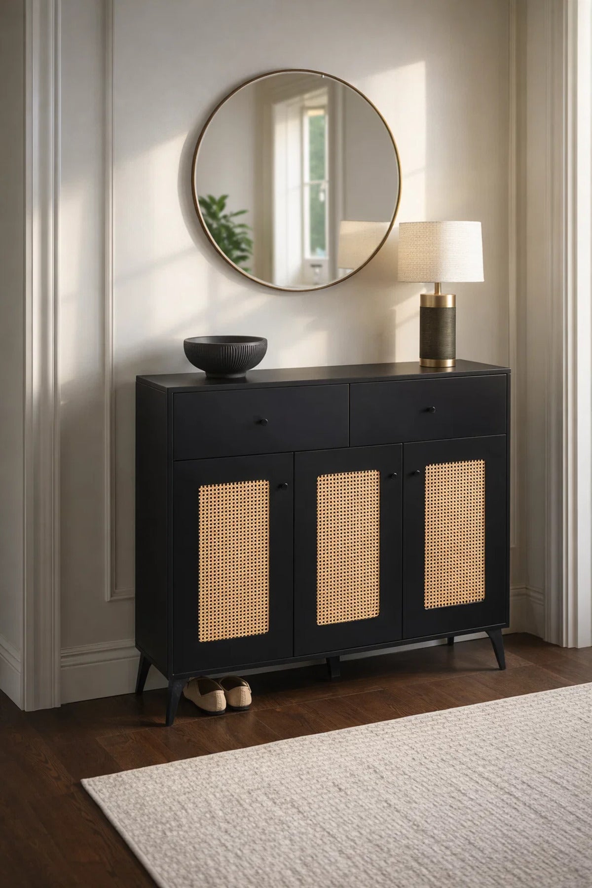 Stylish Black Cane Webbing Shoe Cabinet 3 Doors 2 Drawers Entryway Console Table 120x35x95cm