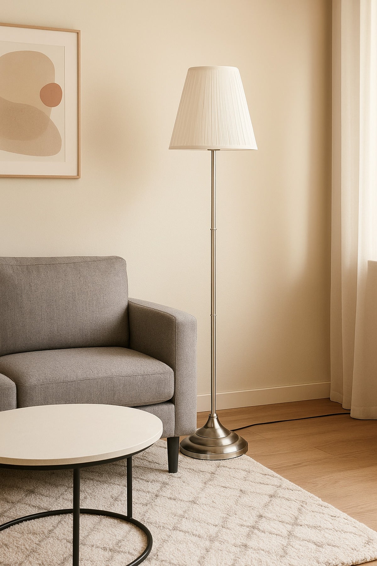 Modern Silver Floor Lamp Ð Fixed Metal Stand with White Fabric Shade for Living Room & Bedroom