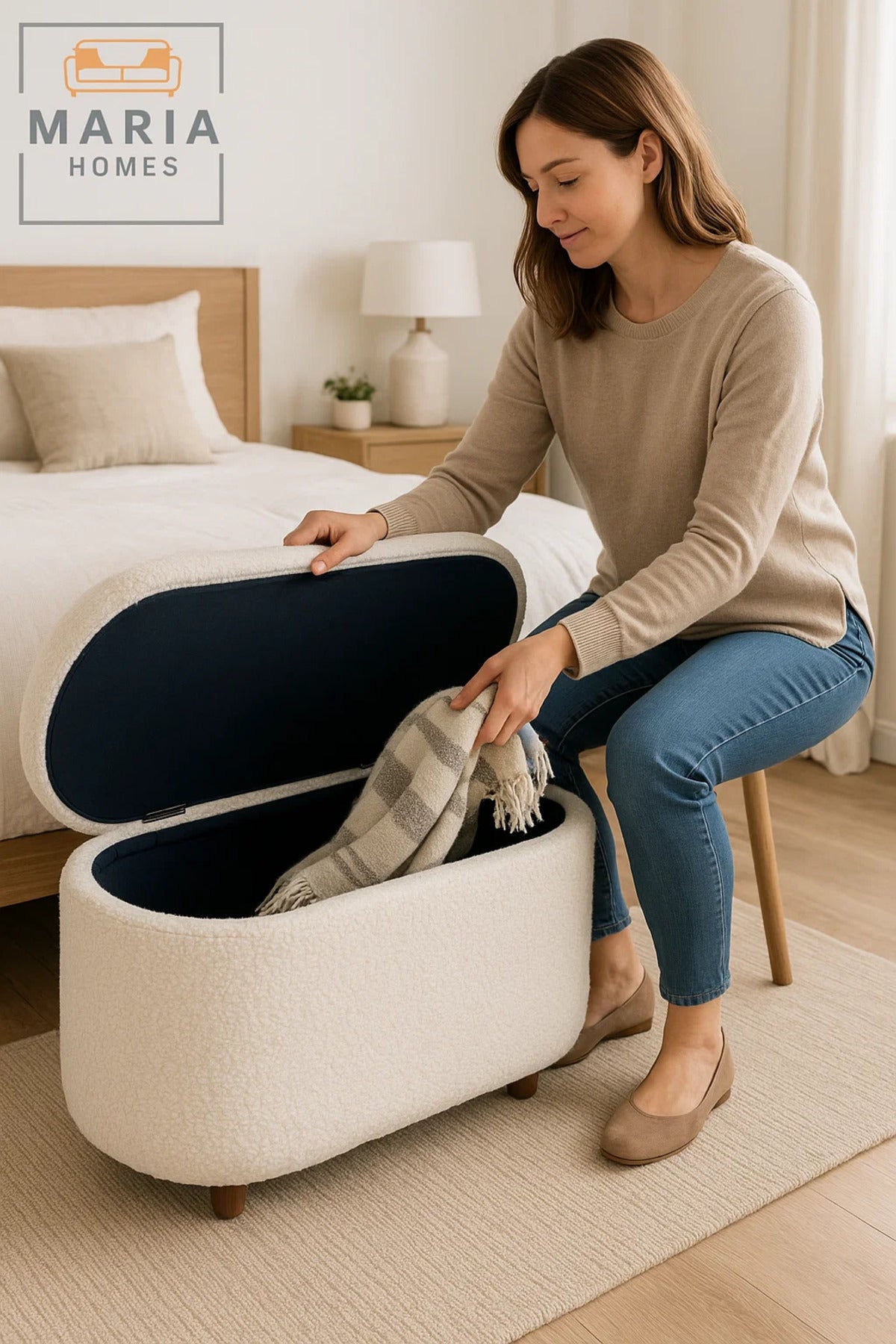 Oval Upholstered Ottoman with Storage and Wooden Feet