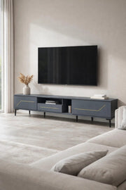 Dark Grey TV Stand Ð 200x40x45 cm Modern Plasma Table with Cabinets & Open Shelf