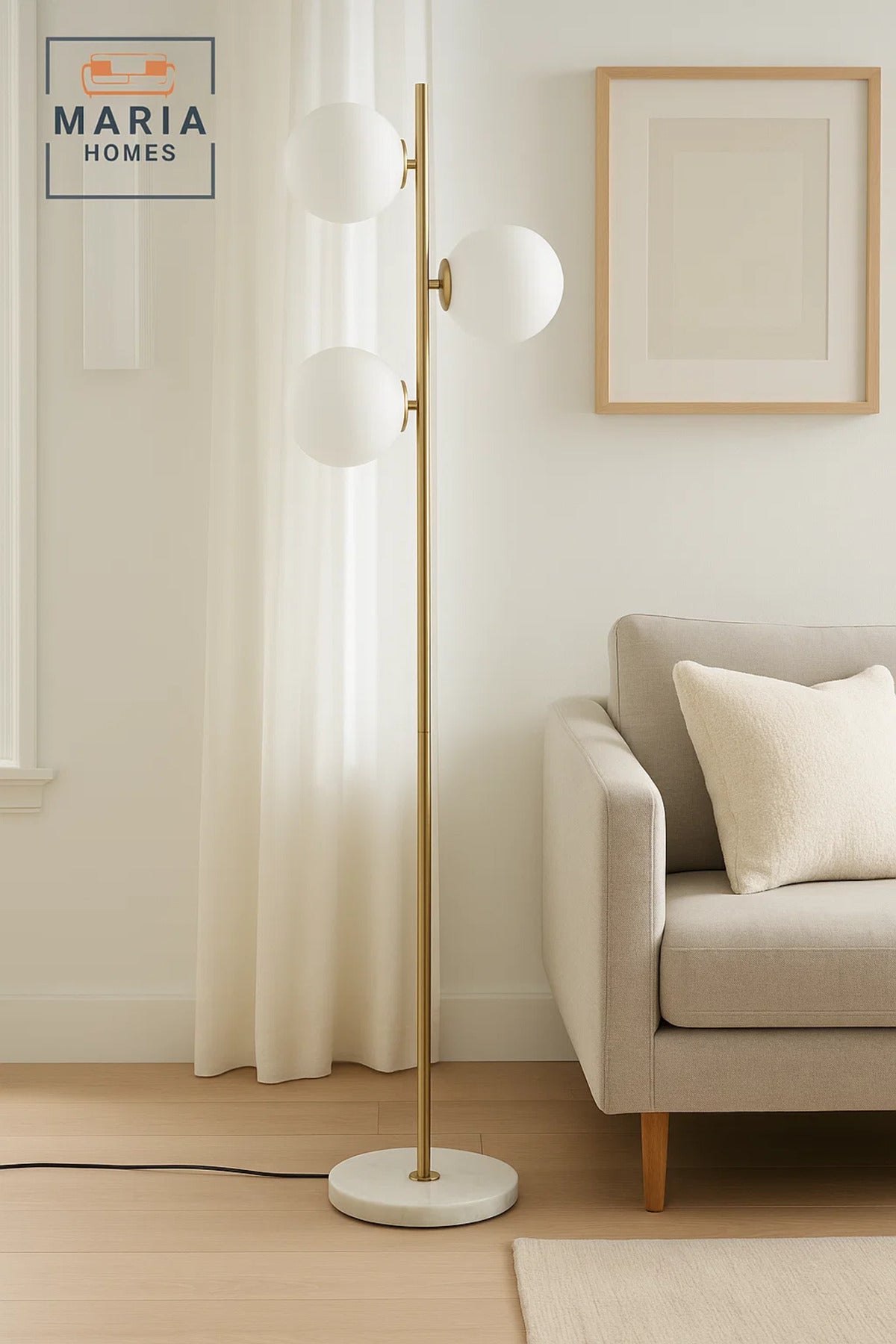Gold Floor Lamp with Three Globe Lights and Marble Base